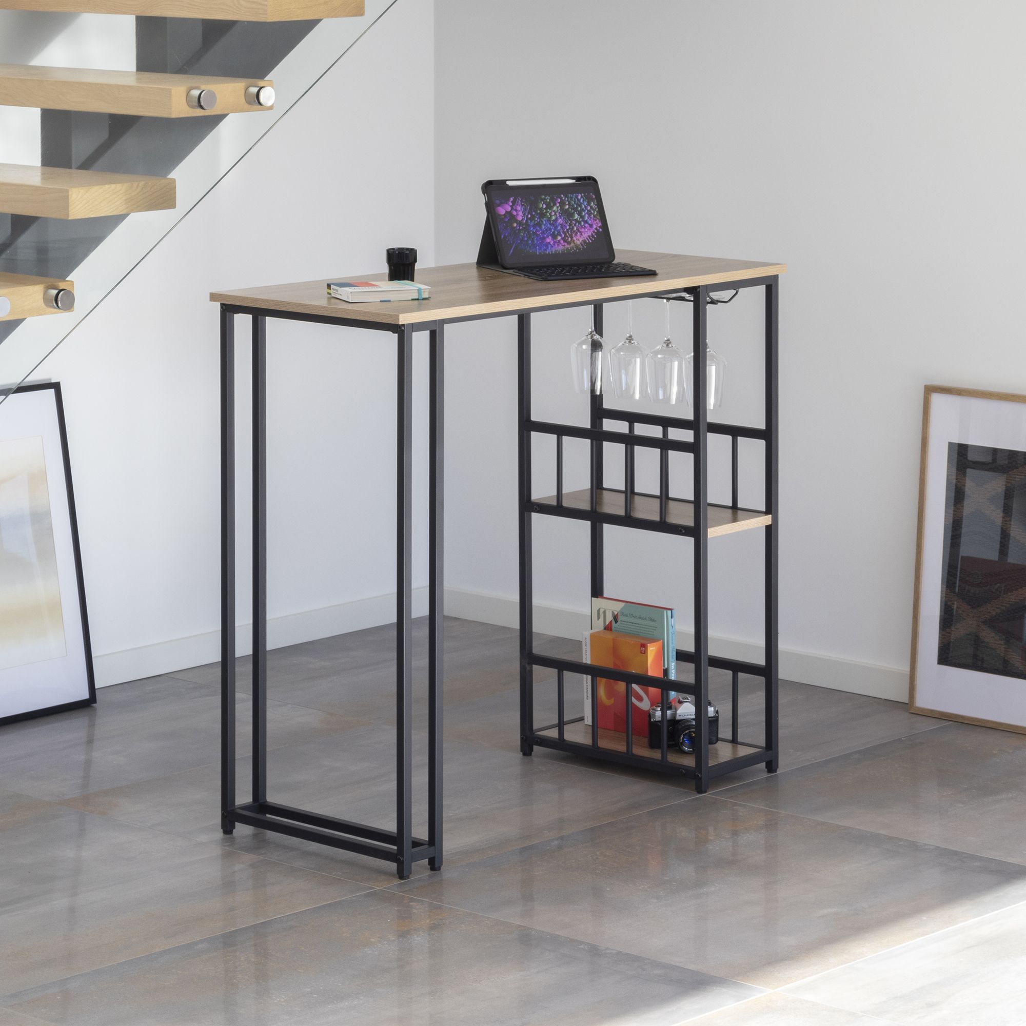 i-flair Stehtisch Bartisch Gavin – Stehtisch mit Stahlrahmen und 2 Ablageflächen & Glashalter Eiche i-flair Stehtisch Bartisch Gavin – Stehtisch mit Stahlrahmen und 2 Ablageflächen & Glashalter Eiche