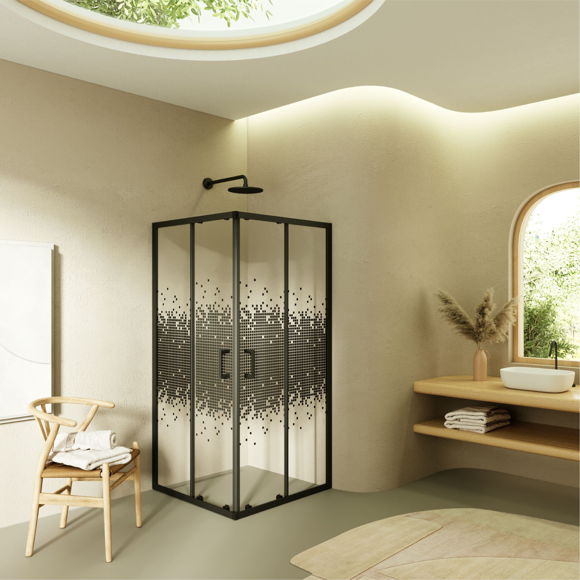 Eckeinstieg Danielle mit Schiebetüren aus schwarz kariertem ESG Sicherheitsglas