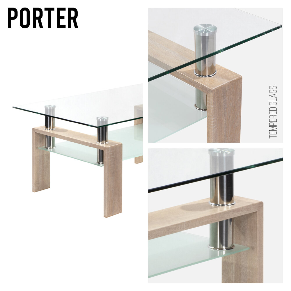 Couchtisch PORTER aus Glas/Metall mit Holz in Eichfarbe