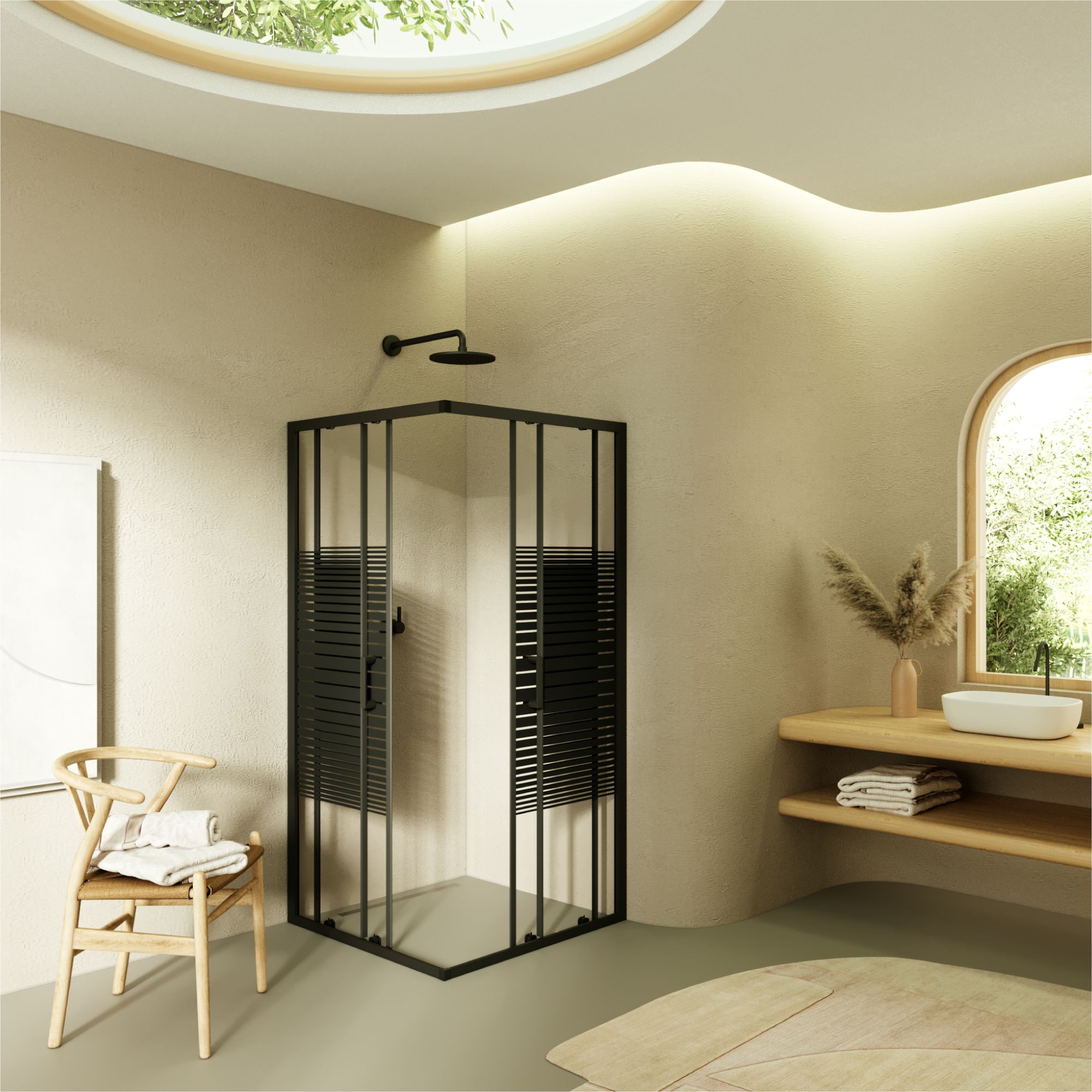Eckeinstieg Danielle mit Schiebetüren aus schwarz gestreiftem ESG Sicherheitsglas Eckeinstieg Danielle mit Schiebetüren aus schwarz gestreiftem ESG Sicherheitsglas