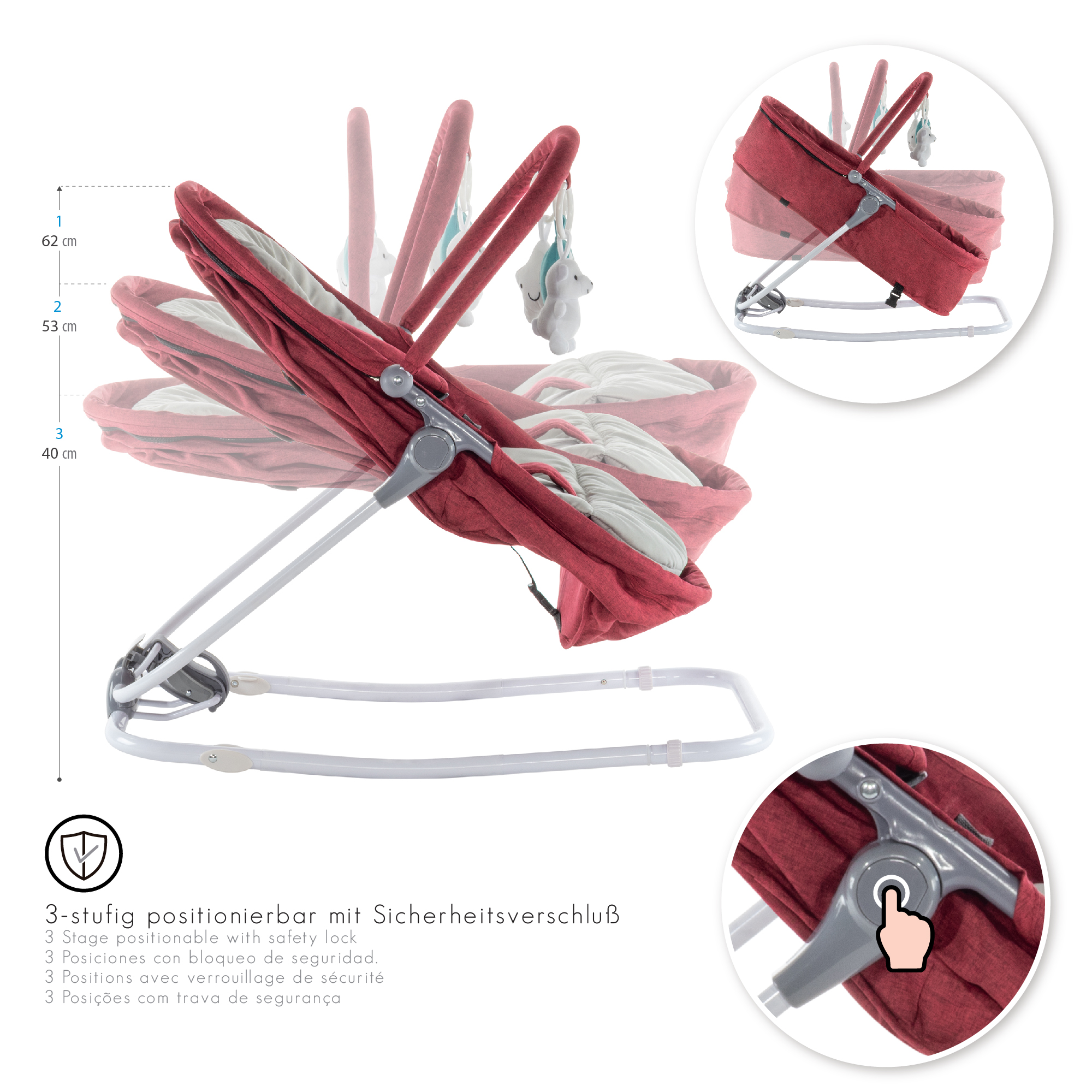 Babywippe VIGO Babywiege mit abnehmbarem Bezug und Spielebogen Rot + Grau