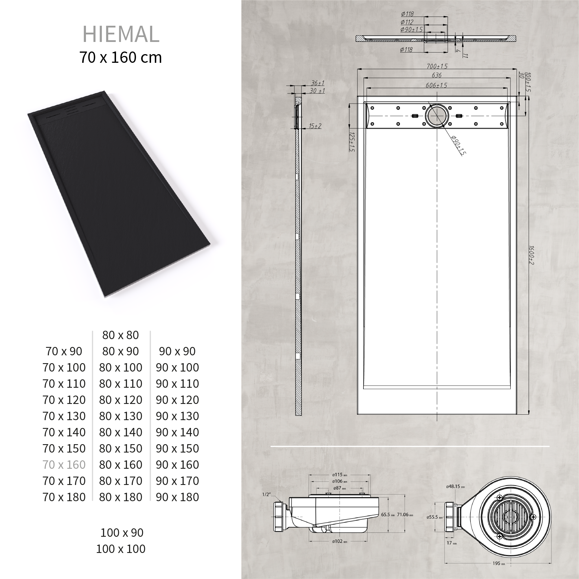 SMC Duschwanne Hiemal in Schieferoptik inkl. Ablaufgarnitur Schwarz 70x160 cm