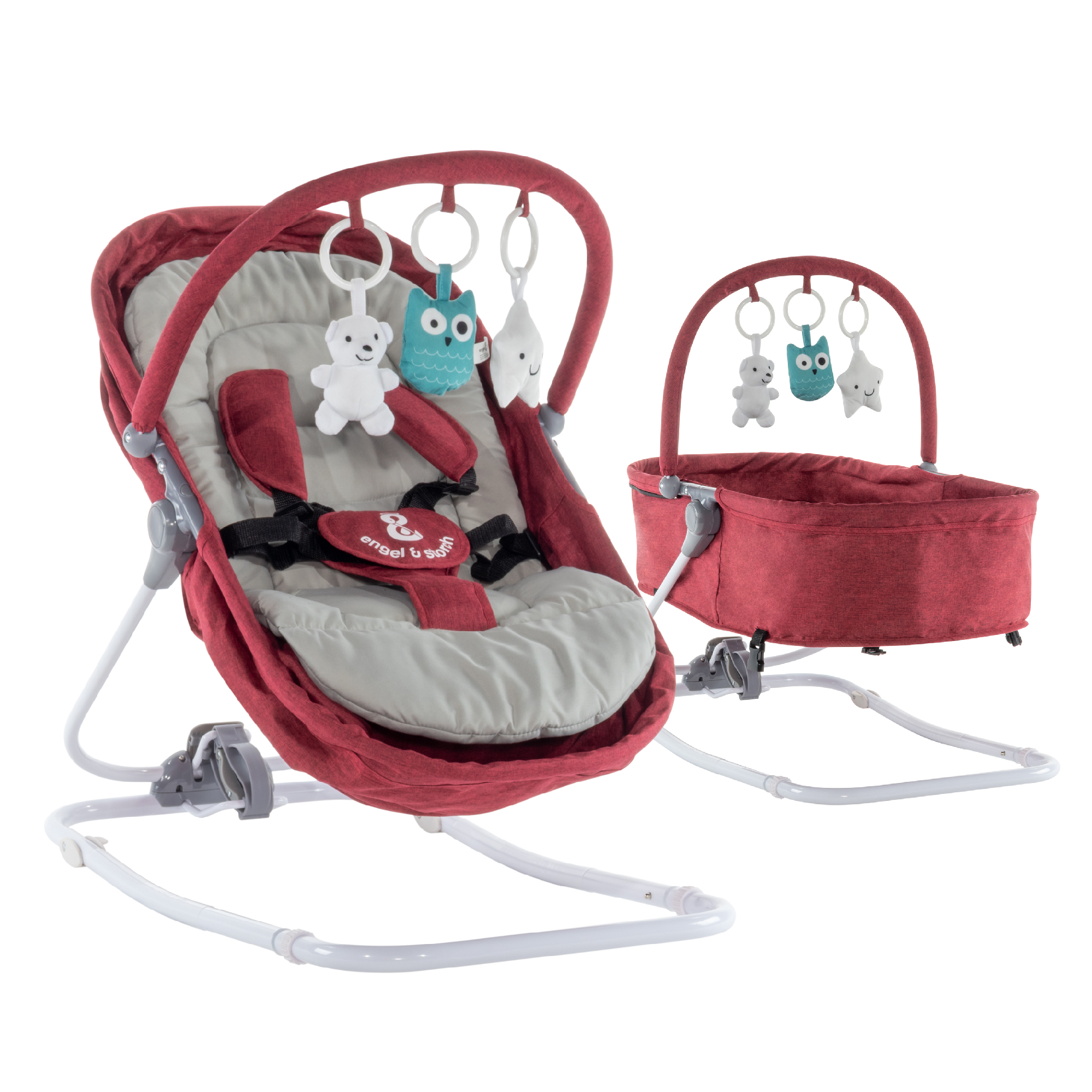 Babywippe VIGO Babywiege mit abnehmbarem Bezug und Spielebogen Rot + Grau