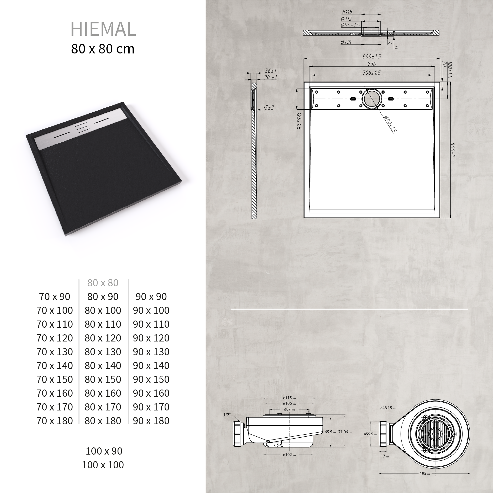 SMC Duschwanne Hiemal in Schieferoptik inkl. Ablaufgarnitur Schwarz mit Edelstahldeckel 80x80 cm