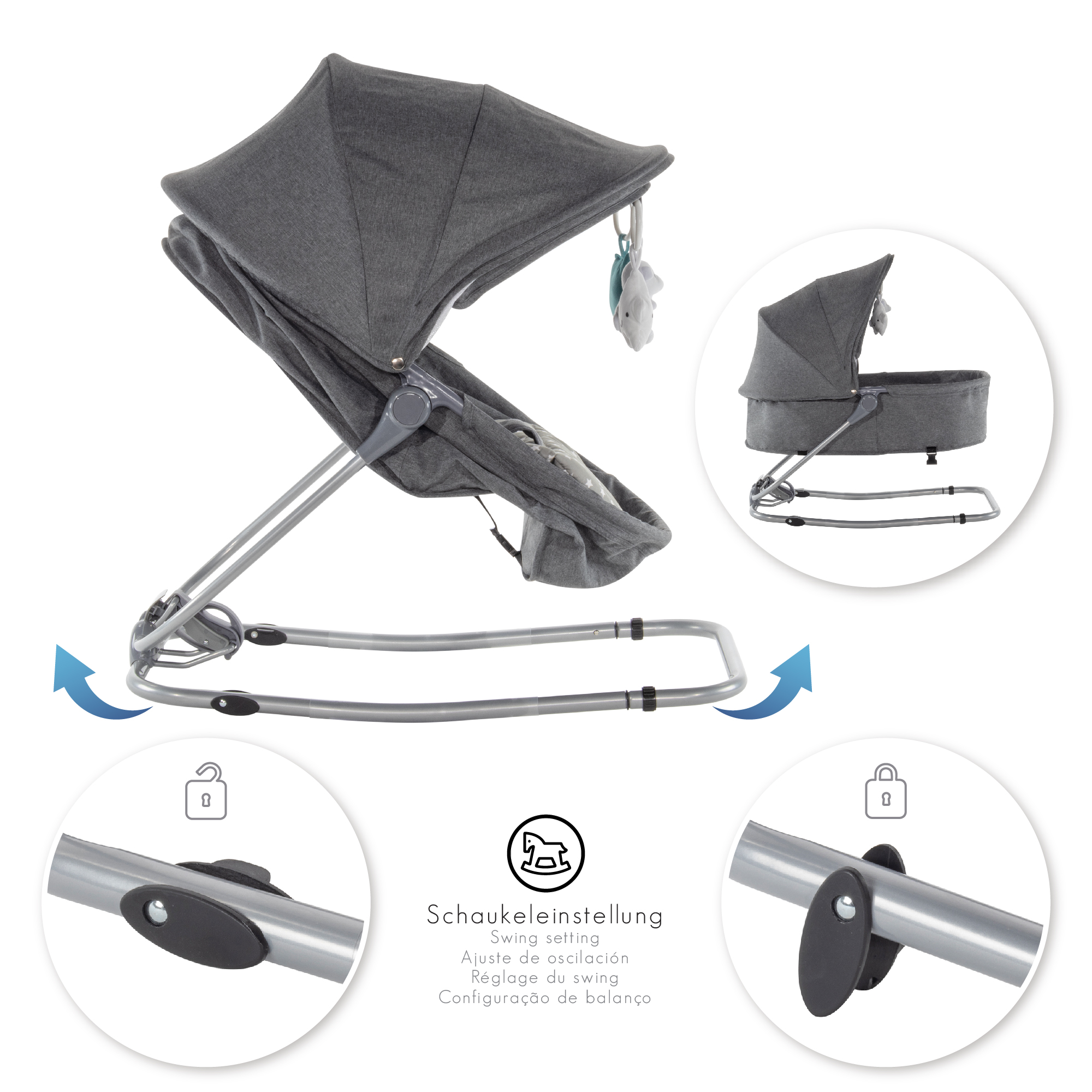 Babywippe PAVO mit Wiegenfunktion und Spielebogen Grau + Grau mit weißen Sterne