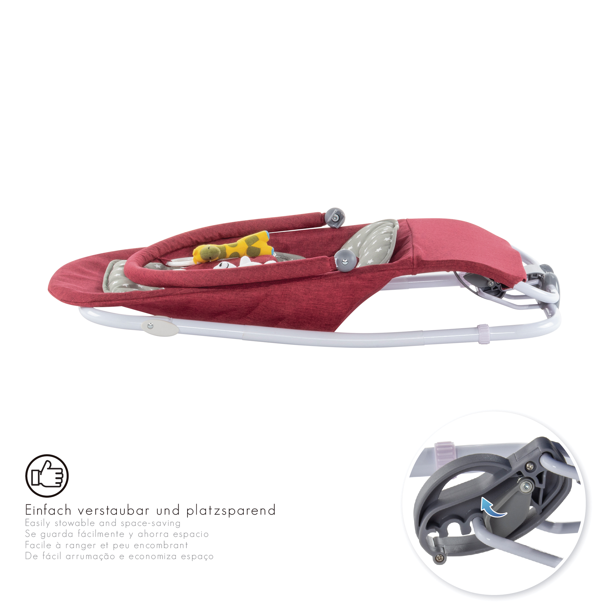 Babywippe VIENO mit abnehmbarem Bezug und Spielebogen Rot + Grau weiße Sterne Babywippe VIENO mit abnehmbarem Bezug und Spielebogen Rot + Grau weiße Sterne