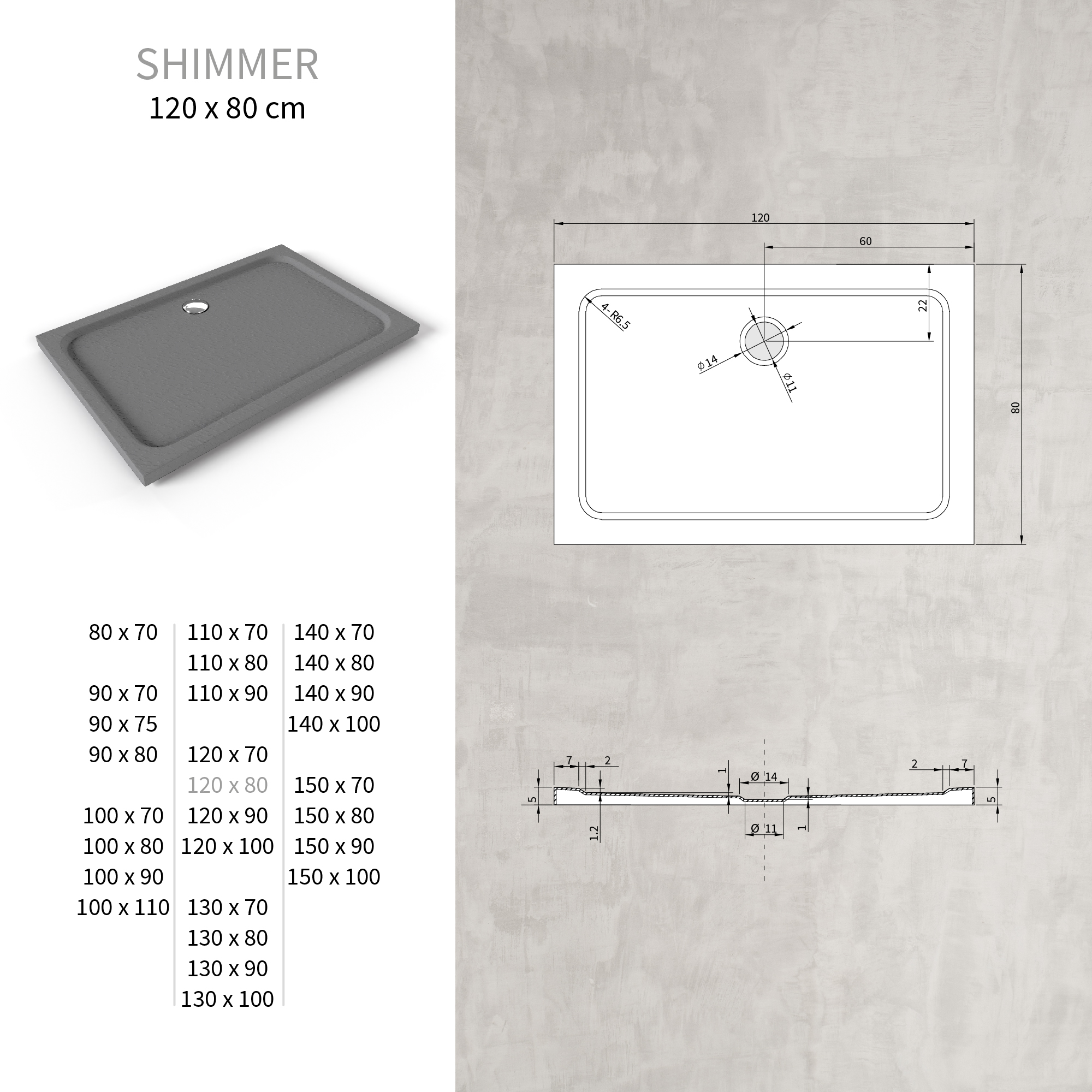 Duschwanne Shimmer STONE aus Sanitäracryl inkl. Ablaufgarnitur - Grau 80x120 cm
