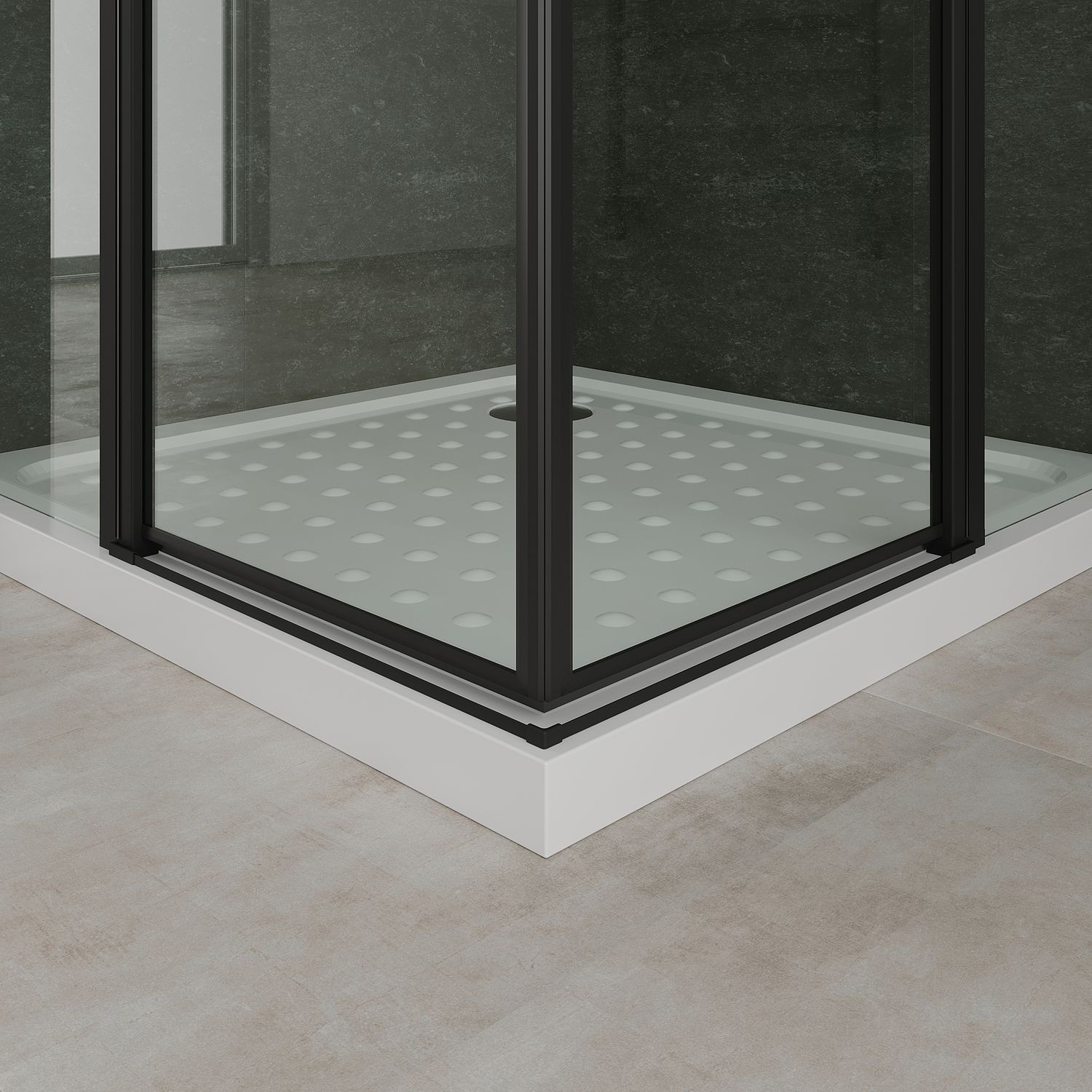 Eckeinstieg Linda mit Klapptüren und schwarzen Profilen aus ESG Sicherheitsglas