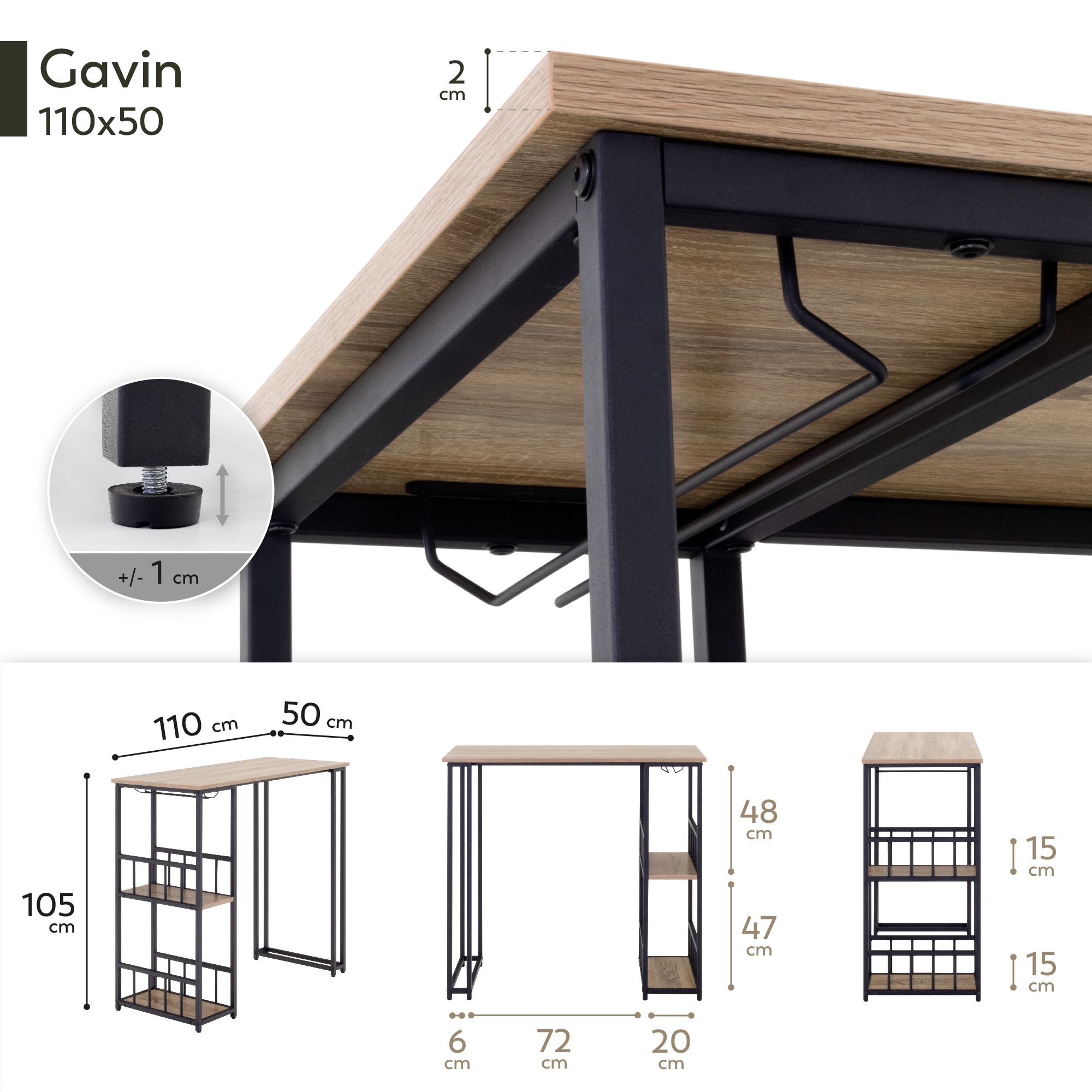 i-flair Stehtisch Bartisch Gavin – Stehtisch mit Stahlrahmen und 2 Ablageflächen & Glashalter Eiche