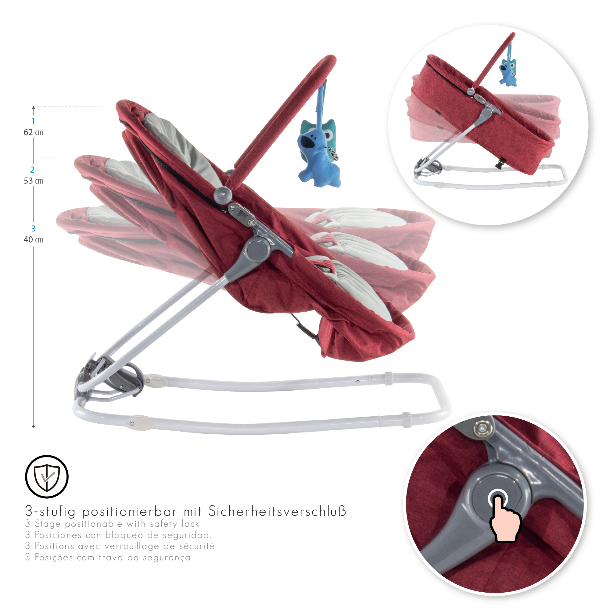 Babywippe PAVO mit Wiegenfunktion und Spielebogen Rot + Grau Babywippe PAVO mit Wiegenfunktion und Spielebogen Rot + Grau