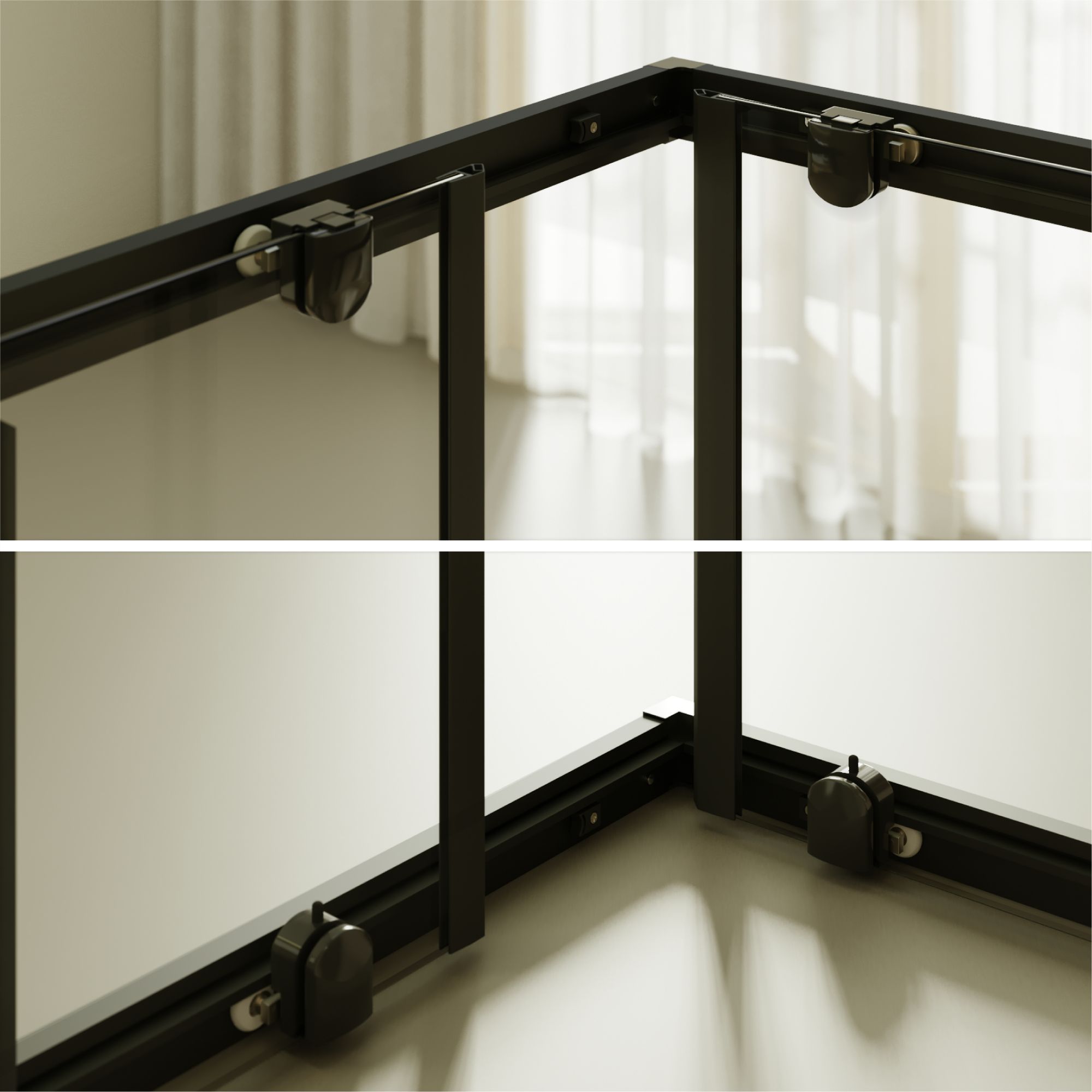 Eckeinstieg Danielle mit Schiebetüren aus schwarz gestreiftem ESG Sicherheitsglas Eckeinstieg Danielle mit Schiebetüren aus schwarz gestreiftem ESG Sicherheitsglas