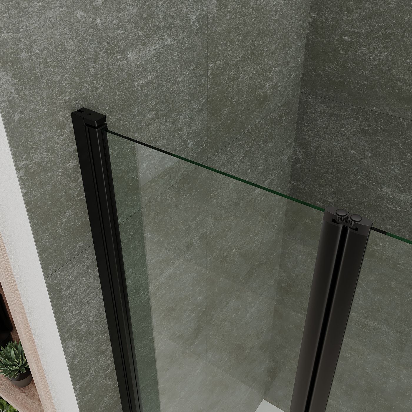 Eckeinstieg Alina mit Falttüren und schwarzen Profilen aus ESG Sicherheitsglas