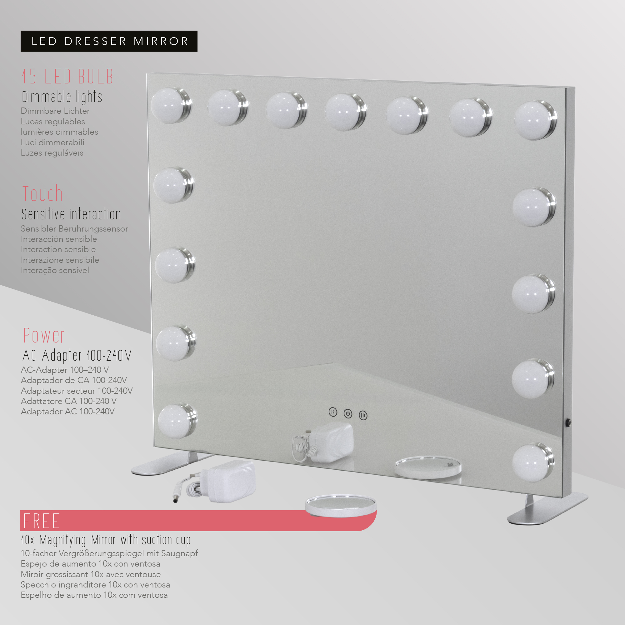 Schminkspiegel Bulb PROP mit 15 dimmbaren LED-Lampen Weiß Schminkspiegel Bulb PROP mit 15 dimmbaren LED-Lampen Weiß