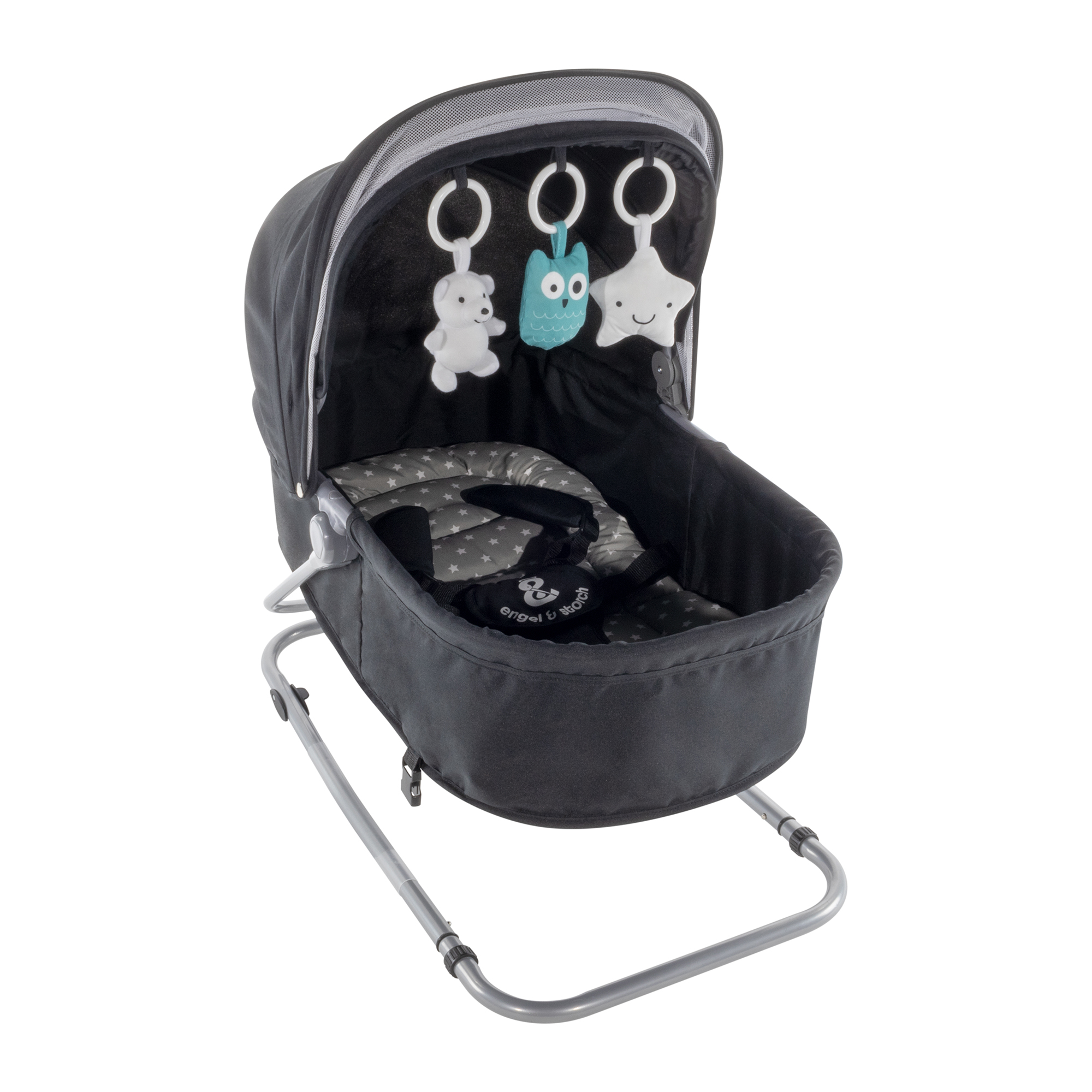 Babywippe PAVO mit Wiegenfunktion und Spielebogen Schwarz + Grau weiße Sterne Babywippe PAVO mit Wiegenfunktion und Spielebogen Schwarz + Grau weiße Sterne