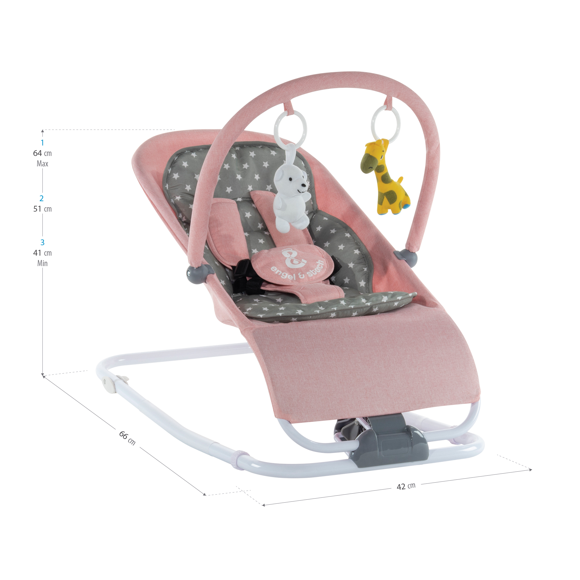 Babywippe VIENO mit abnehmbarem Bezug und Spielebogen Rosa + Grau weiße Sterne