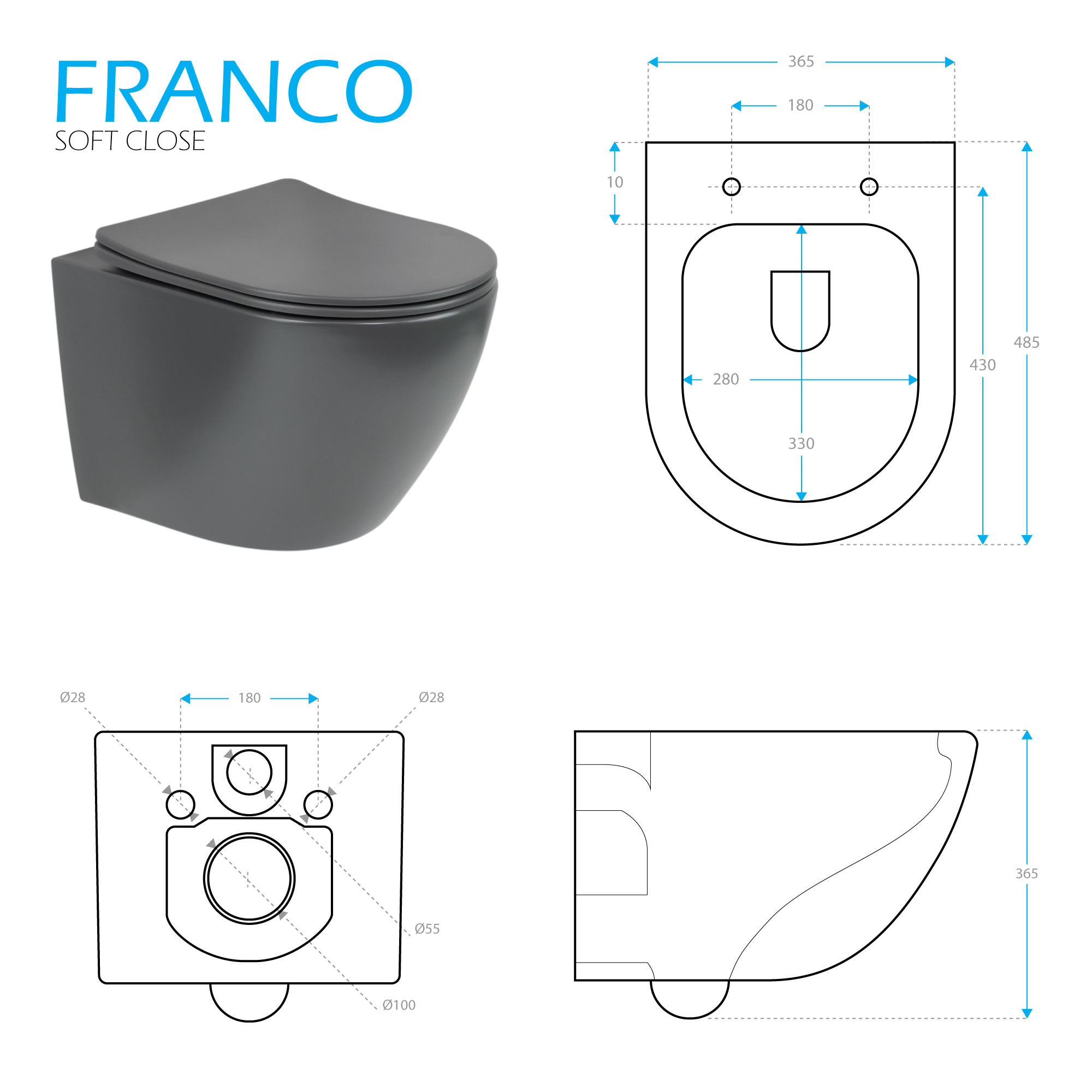 Toilette Hänge WC Spülrandlos inkl. WC Sitz mit Absenkautomatik SOFTCLOSE Franco Grau Toilette Hänge WC Spülrandlos inkl. WC Sitz mit Absenkautomatik SOFTCLOSE Franco Grau