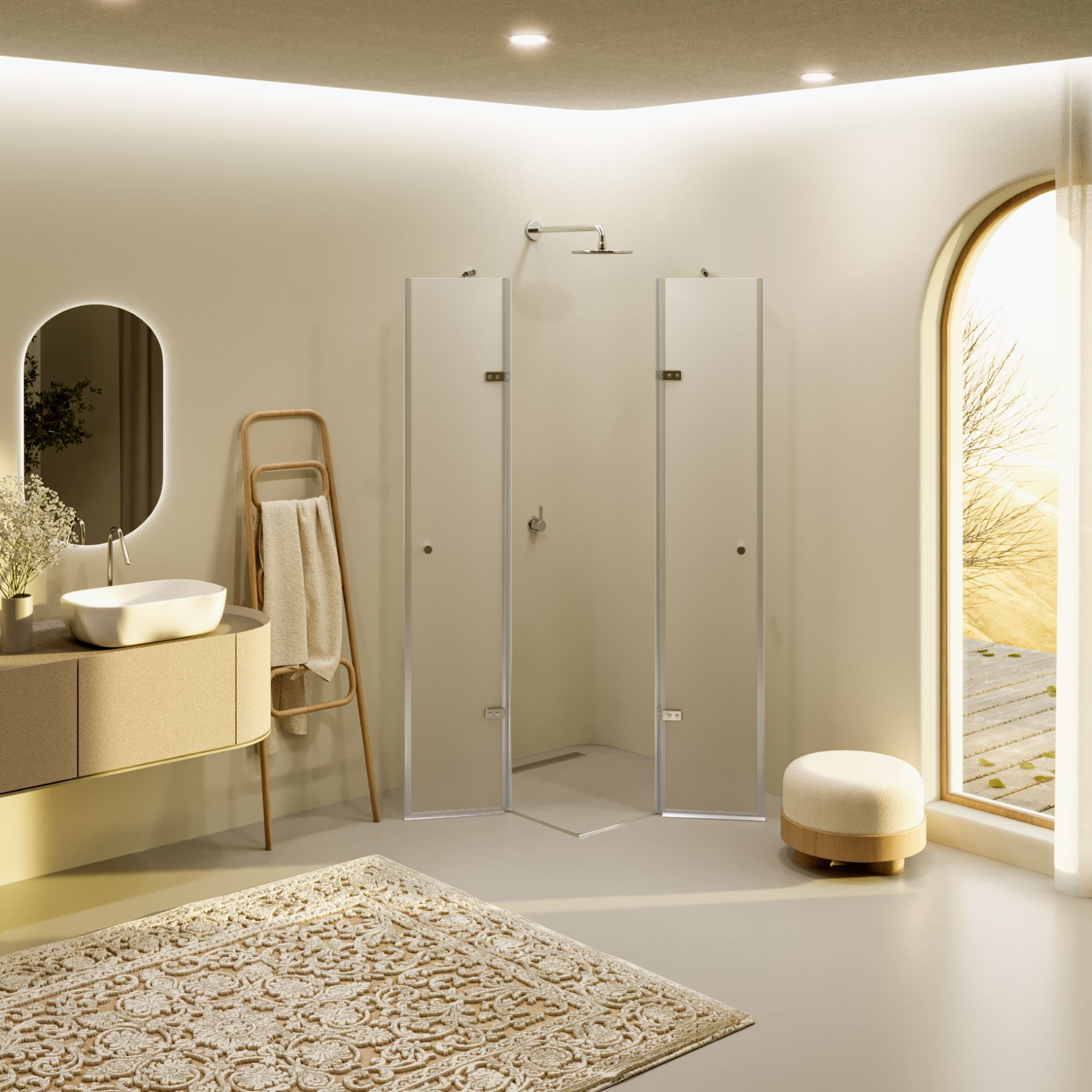 Eckeinstieg Alice mit Klapptüren aus satiniertem ESG Sicherheitsglas