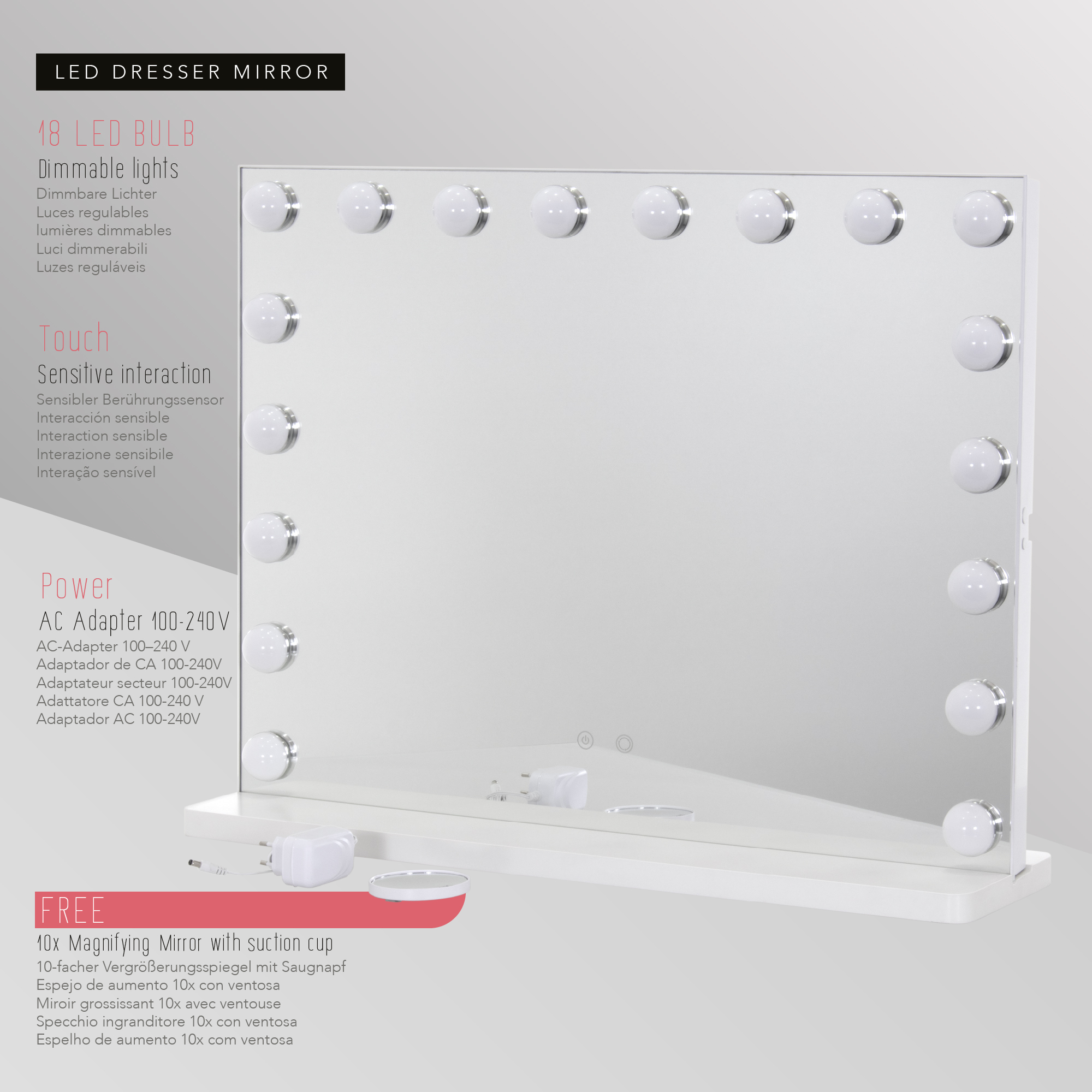 Schminkspiegel Bulb FRAME mit 18 dimmbaren LED-Lampen Weiß