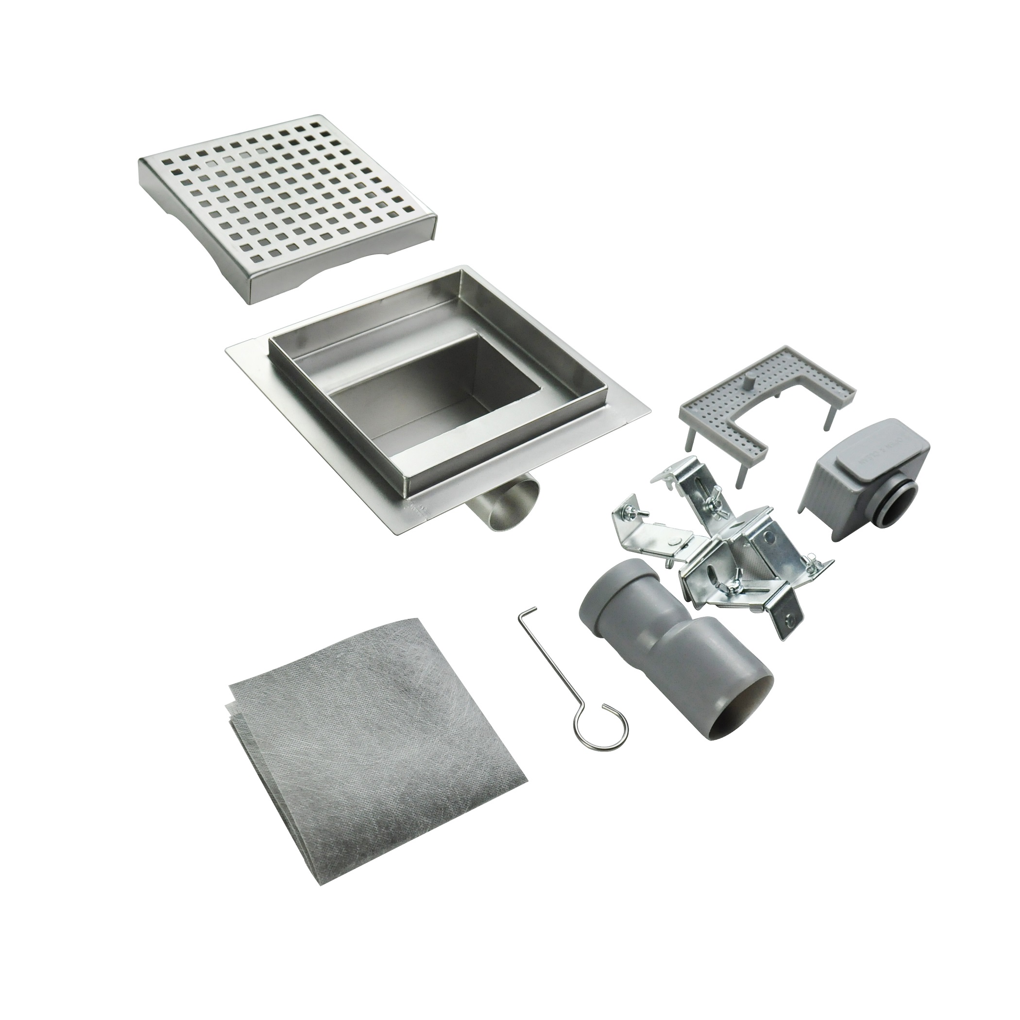 Quadratische Duschrinne Q5 aus Edelstahl für flache Installation mit Quadratmuster Quadratische Duschrinne Bodenablauf Quadratische Öffnungen aus Edelstahl sehr flach Q5