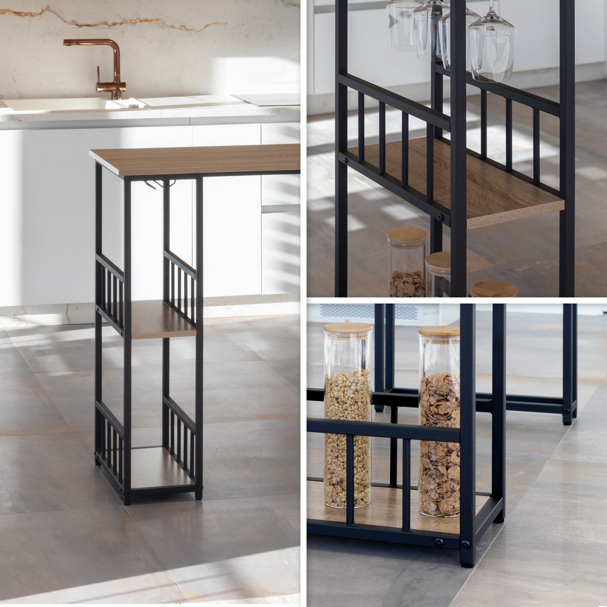 i-flair Stehtisch Bartisch Gavin – Stehtisch mit Stahlrahmen und 2 Ablageflächen & Glashalter Eiche