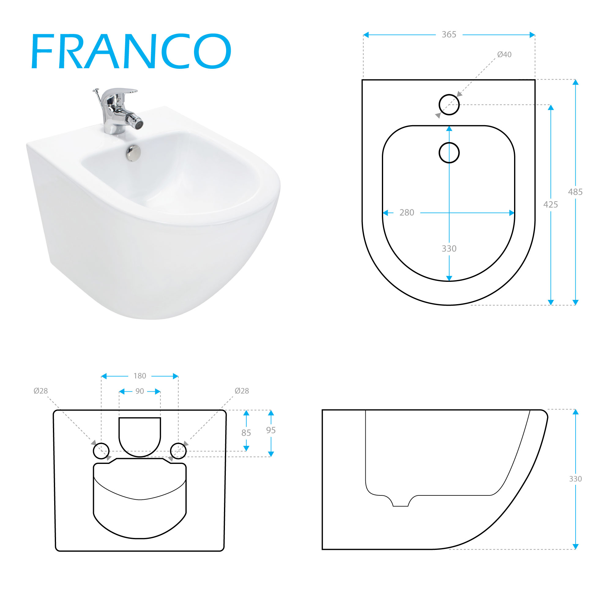 Wand Hänge Bidet Weiß inkl. Armatur (Mischbatterie) FRANCO