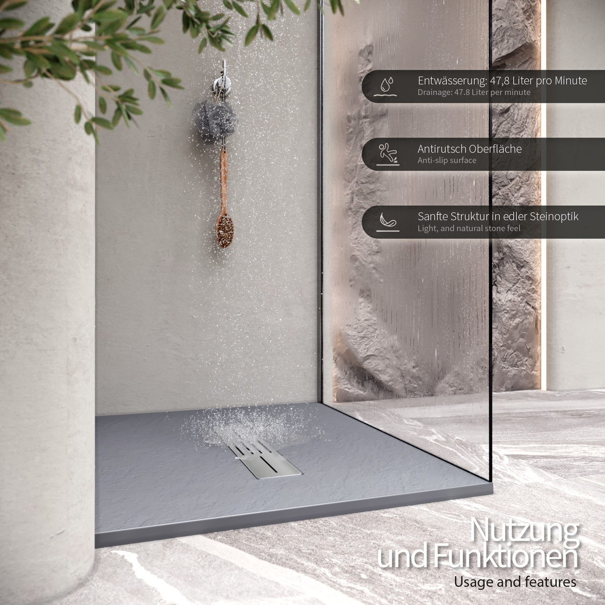 SMC Duschwanne Lumia in Schieferoptik inkl. Ablaufgarnitur Grau 90x180 cm