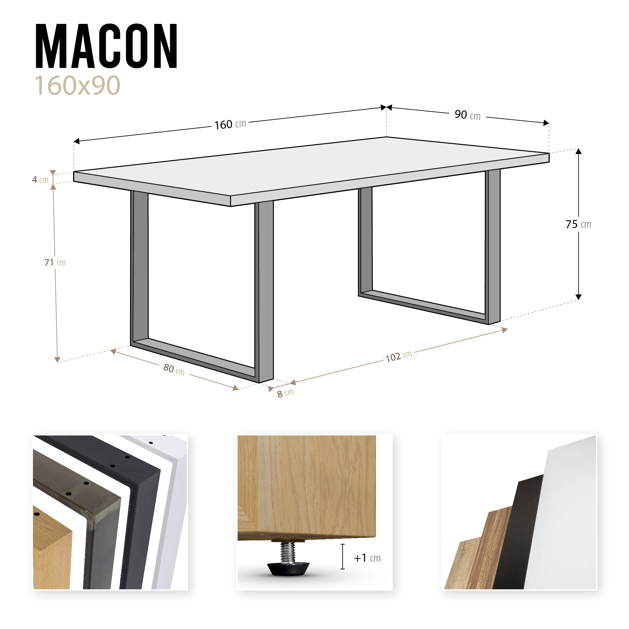 Esszimmertisch Kufentisch MACON Weiß + Industrial 160x90 cm