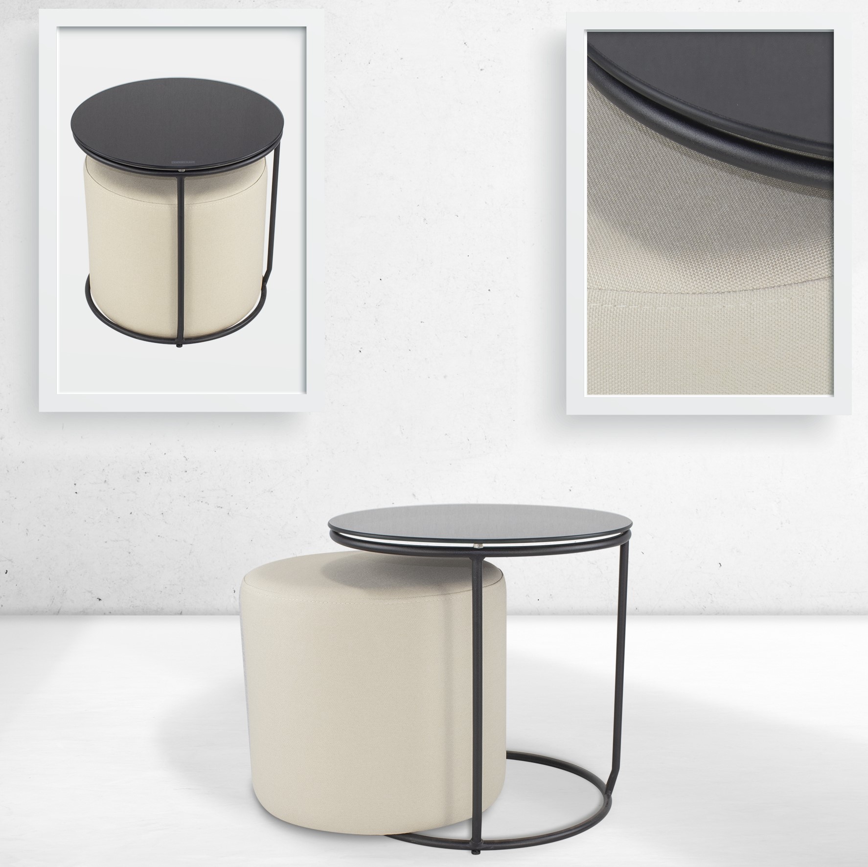 Beistelltisch mit Hocker JASPER runder Couchtisch 40x40 cm Schwarz-Beige N1 Beistelltisch mit Hocker JASPER runder Couchtisch 40x40 cm Schwarz-Beige N1