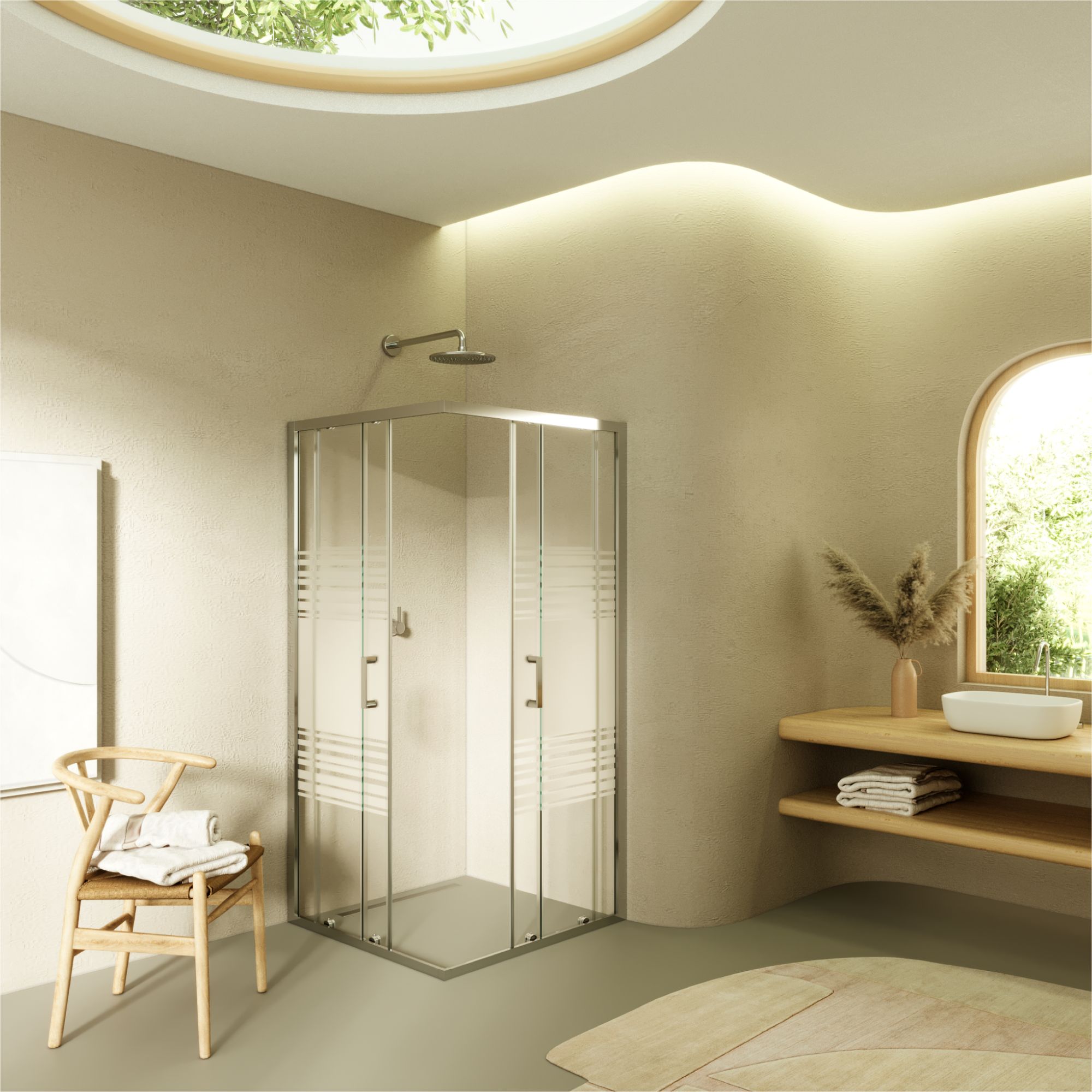 Eckeinstieg Diana mit Schiebetüren aus teilsatiniertem ESG Sicherheitsglas