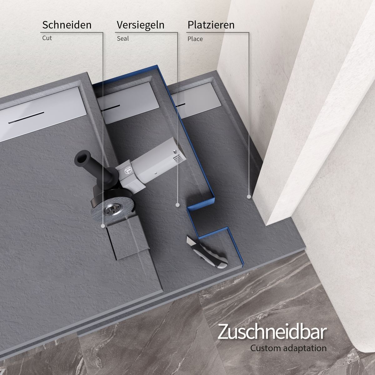 SMC Duschwanne Hiemal in Schieferoptik inkl. Ablaufgarnitur Grau mit Edelstahldeckel 90x90 cm