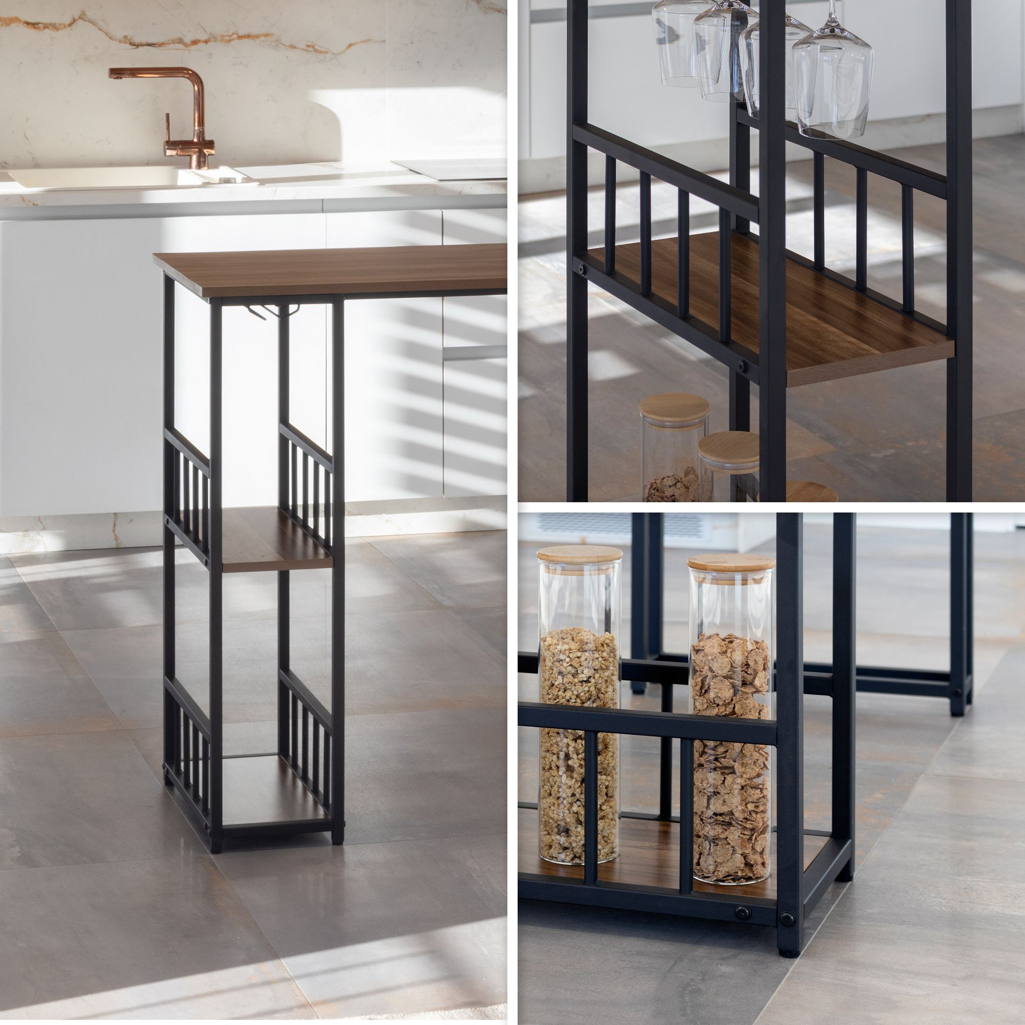 i-flair Stehtisch Bartisch Gavin – Stehtisch mit Stahlrahmen und 2 Ablageflächen & Glashalter Walnuß