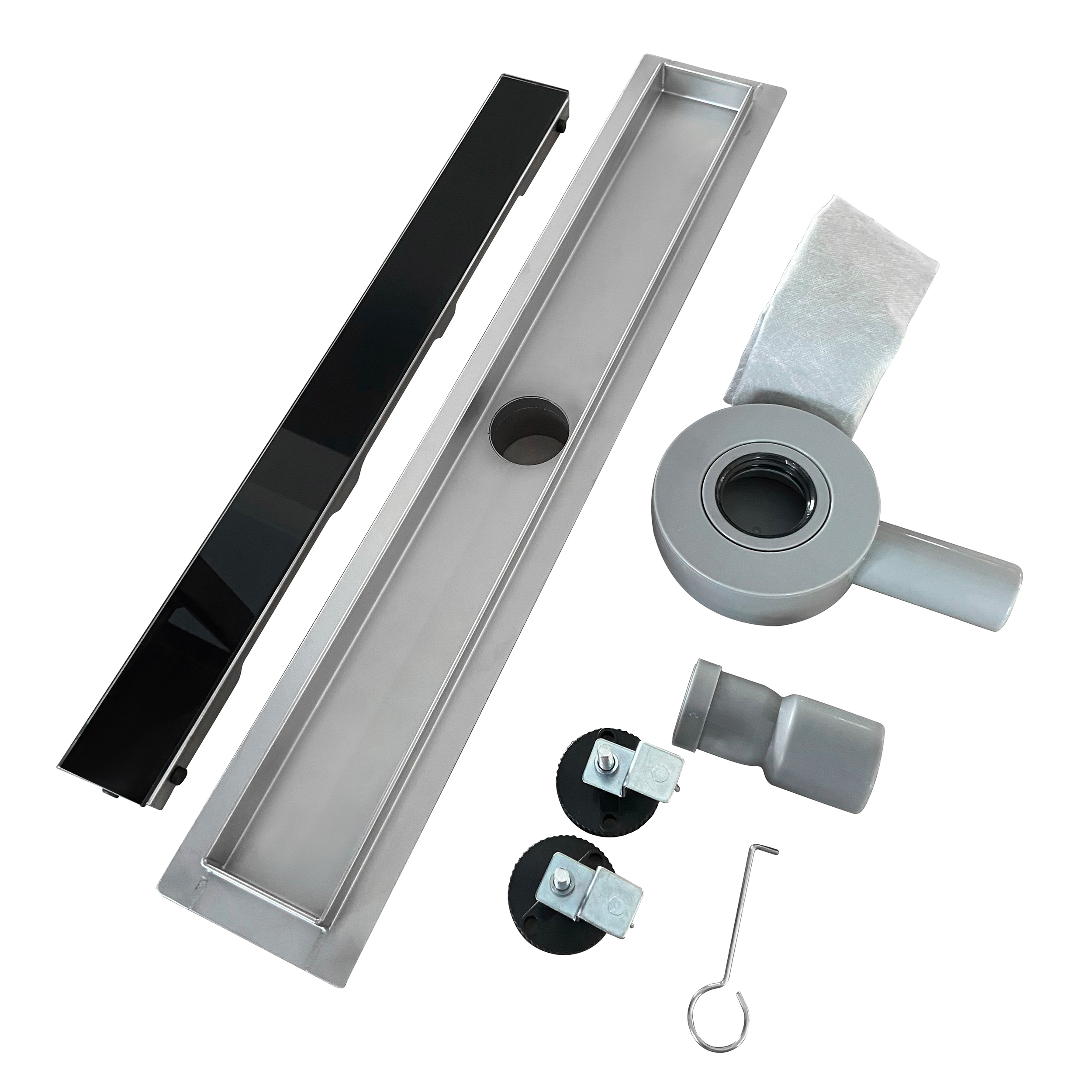 Duschrinne aus Edelstahl mit schwarzem Glas-Ablaufblende für flache Installation B2 Duschrinne aus Edelstahl mit schwarzem Glas-Ablaufblende für flache Installation B2