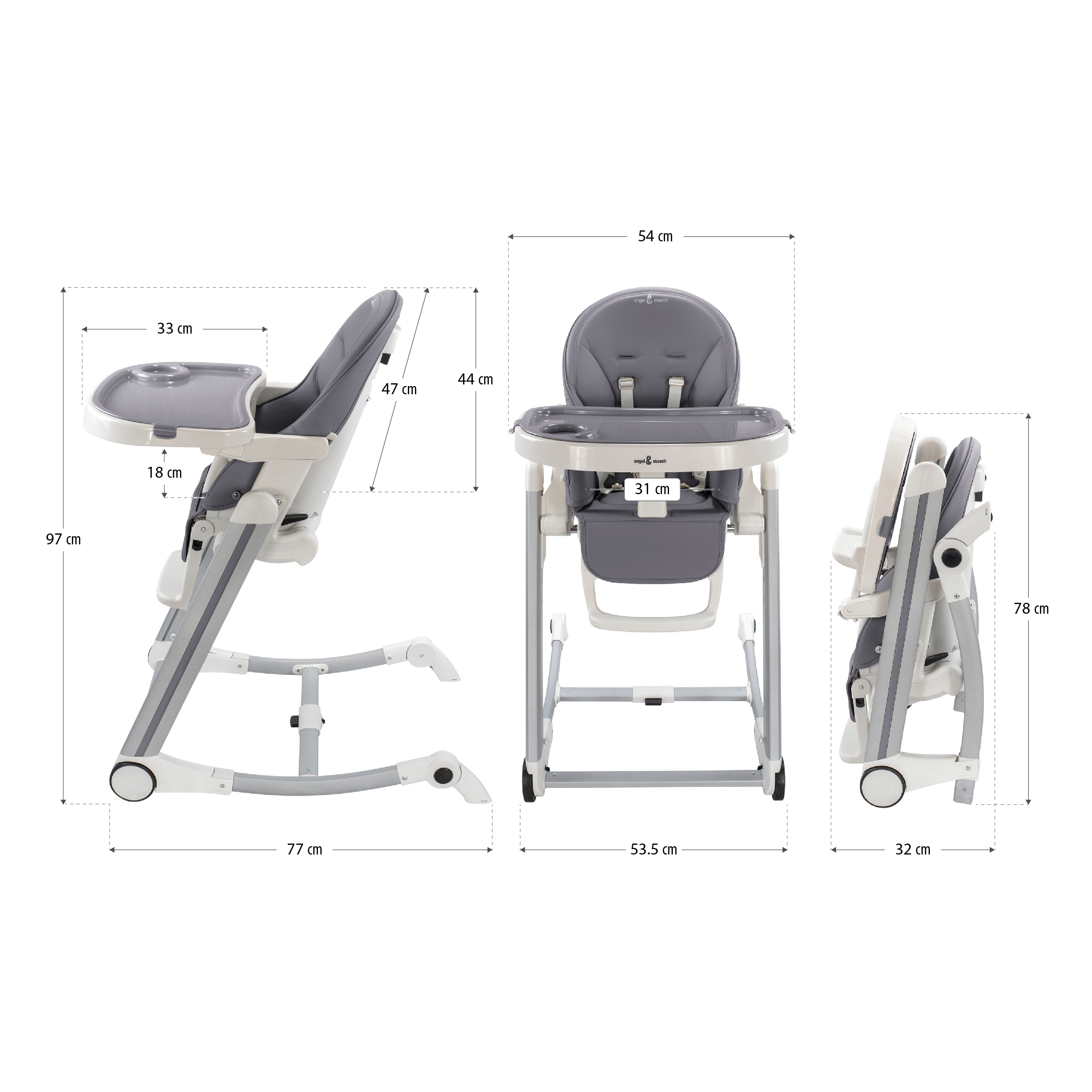 Child High Chair ADELLE Adjustable and Foldable Including Play Arch Kinderhochstuhl ADELLE Verstellbar und Klappbar inkl. Spielebogen Grau-Grau