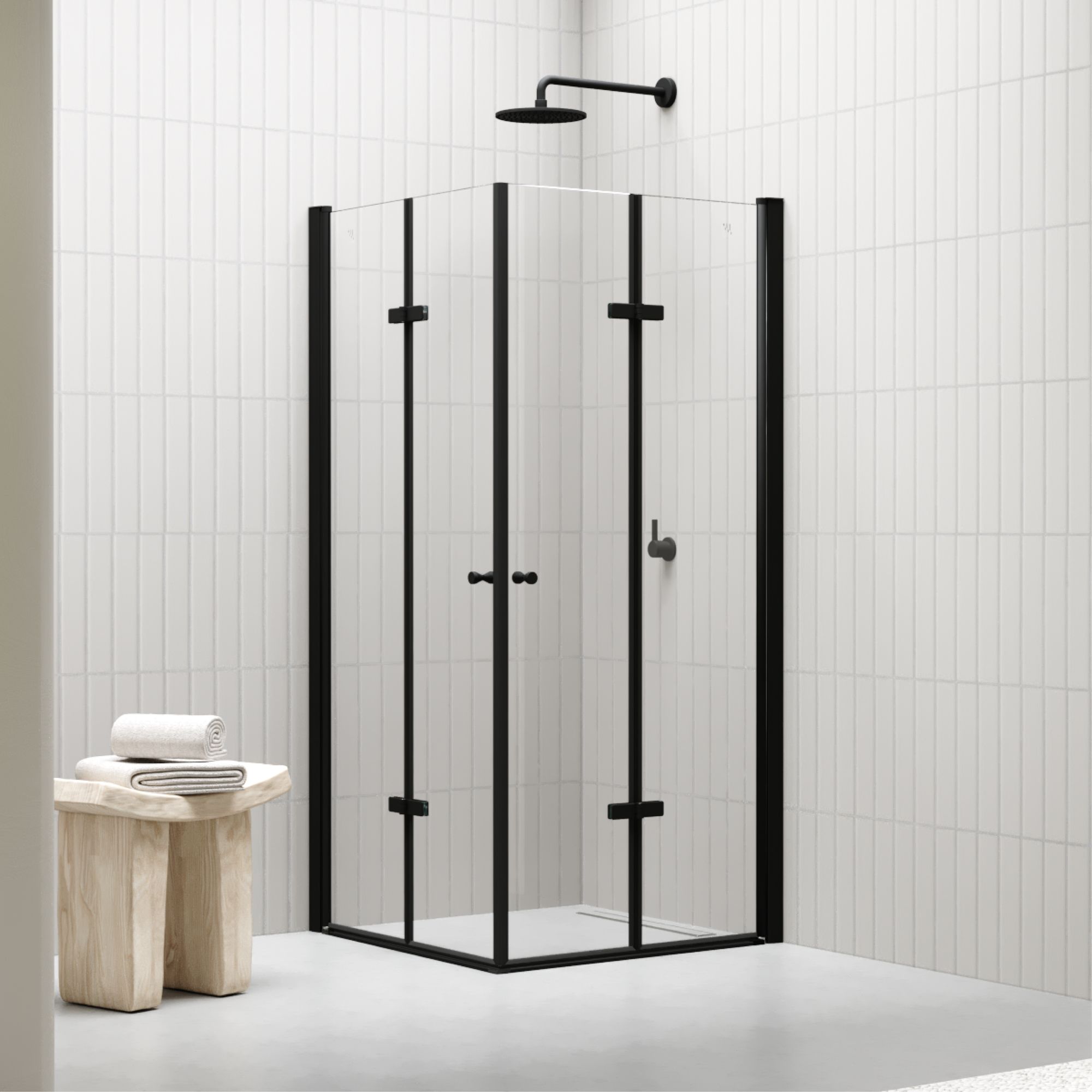 Eckeinstieg Emma BLACK mit Falttüren aus ESG Sicherheitsglas Eckeinstieg Emma BLACK mit Falttüren aus ESG Sicherheitsglas