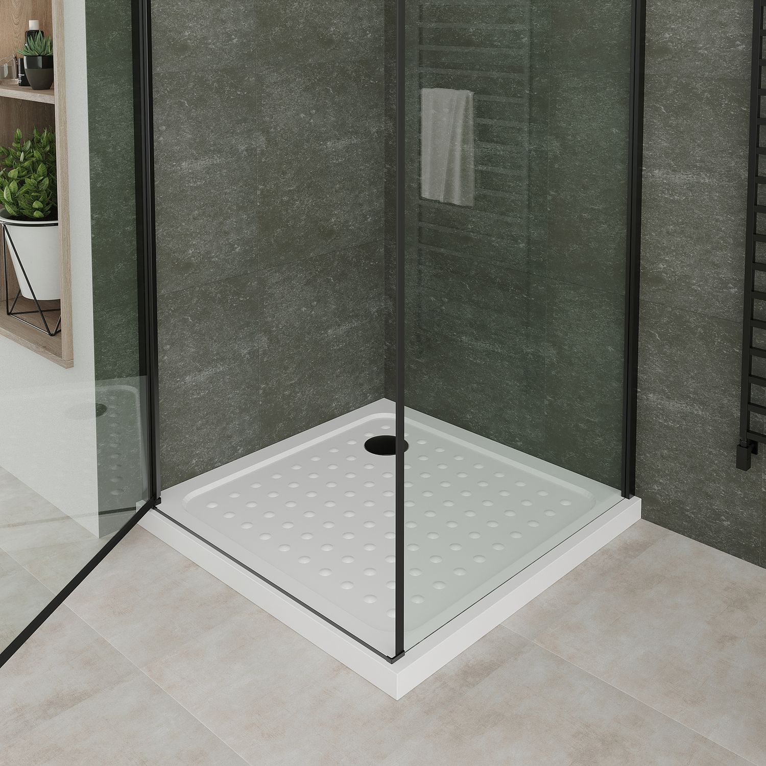 Fronteinstieg Hellen mit Klapptür und schwarzen Profilen aus ESG Sicherheitsglas