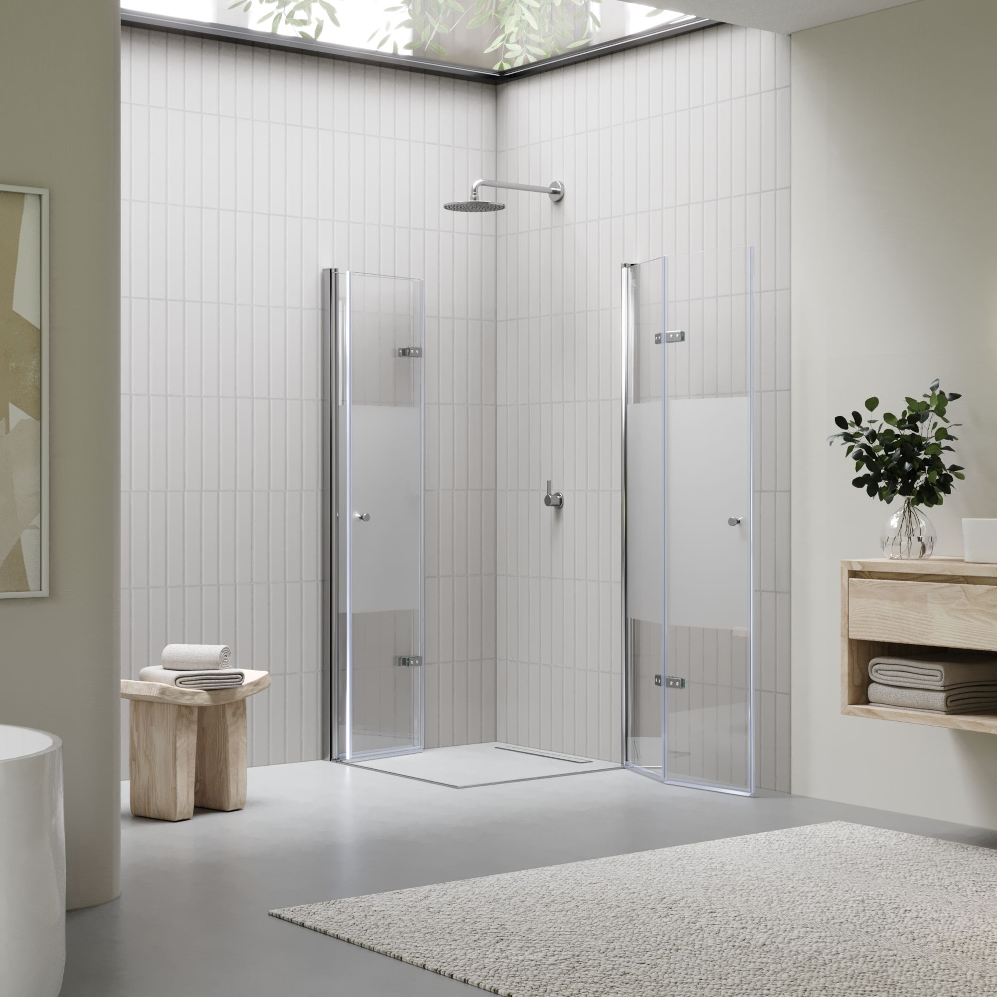 Eckeinstieg Emma mit Falttüren aus teilsatiniertem ESG Sicherheitsglas Eckeinstieg Emma mit Falttüren aus teilsatiniertem ESG Sicherheitsglas