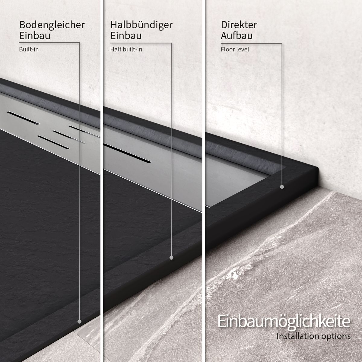 SMC Duschwanne Hiemal in Schieferoptik inkl. Ablaufgarnitur Schwarz mit Edelstahldeckel SMC Duschwanne Hiemal in Schieferoptik inkl. Ablaufgarnitur Schwarz mit Edelstahldeckel 90x90 cm