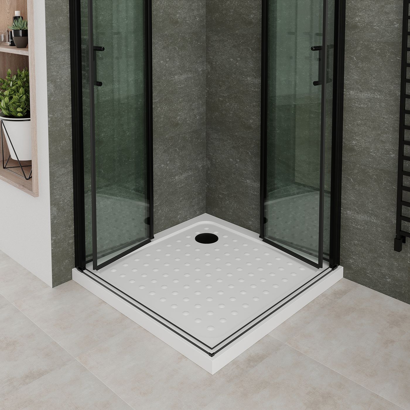 Eckeinstieg Alina mit Falttüren und schwarzen Profilen aus ESG Sicherheitsglas Eckeinstieg Alina mit Falttüren und schwarzen Profilen aus ESG Sicherheitsglas