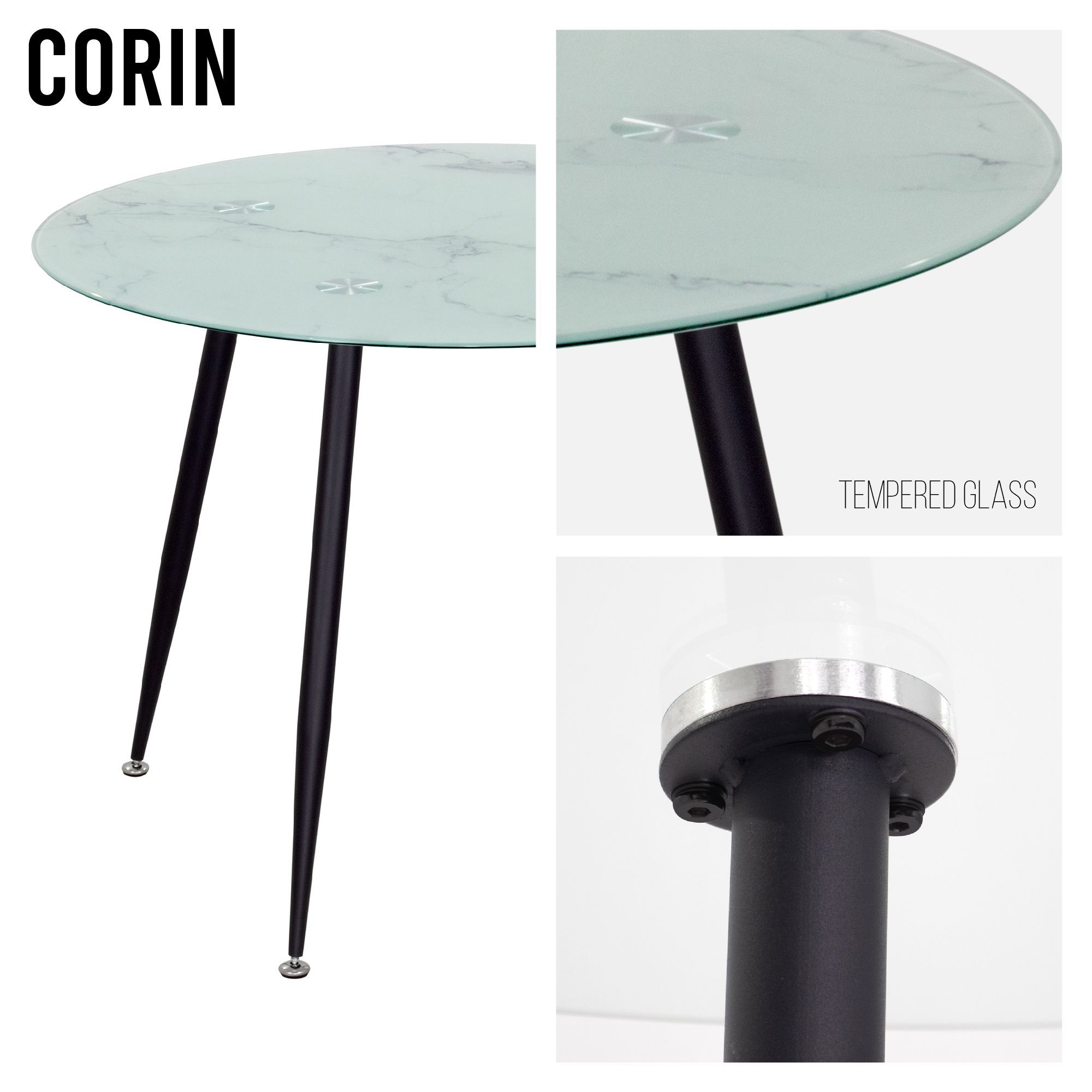Esszimmer-Tisch CORIN | Tischplatte: Glas in weißer Marmor Optik | Beine: Schwarz Esszimmer-Tisch CORIN | Tischplatte: Weißer Marmor | Beine: Schwarz 80 cm