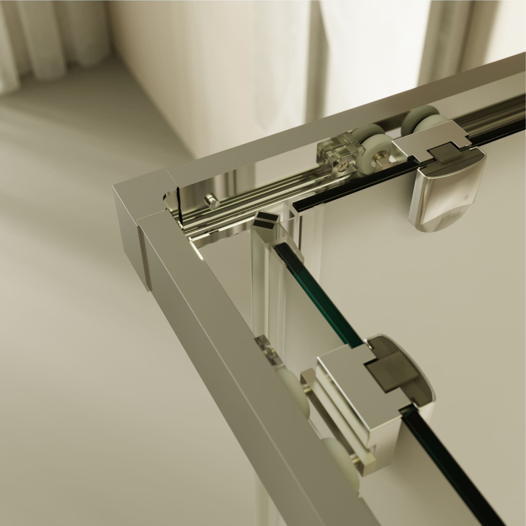 Eckeinstieg Diana mit Schiebetüren aus satiniertem ESG Sicherheitsglas Eckeinstieg Diana mit Schiebetüren aus satiniertem ESG Sicherheitsglas