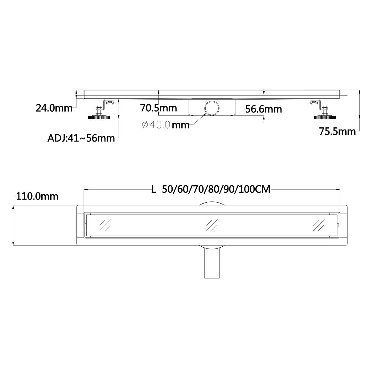 Duschrinne aus Edelstahl mit weißem Glas-Ablaufblende für flache Installation B3 Duschrinne aus Edelstahl mit weißem Glas-Ablaufblende für flache Installation B3