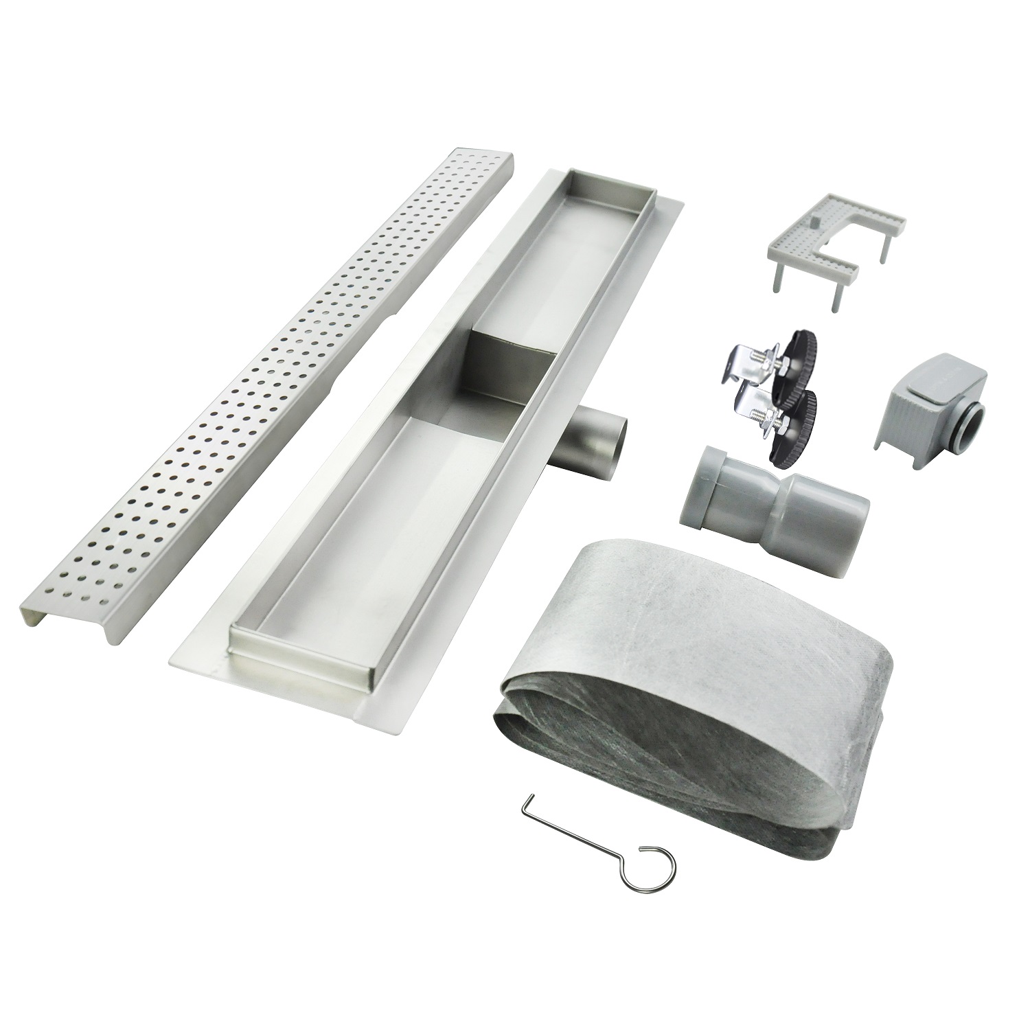 Duschrinne R7 aus Edelstahl für flache Installation mit Quadratmuster Duschrinne R7 aus Edelstahl für flache Installation mit Quadratmuster