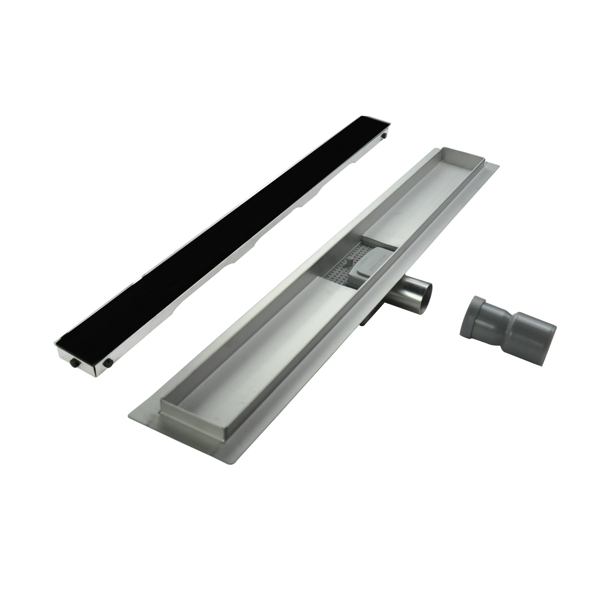 Duschrinne R3 aus Edelstahl für flache Installation inkl. Ablaufblende aus schwarzem Glas