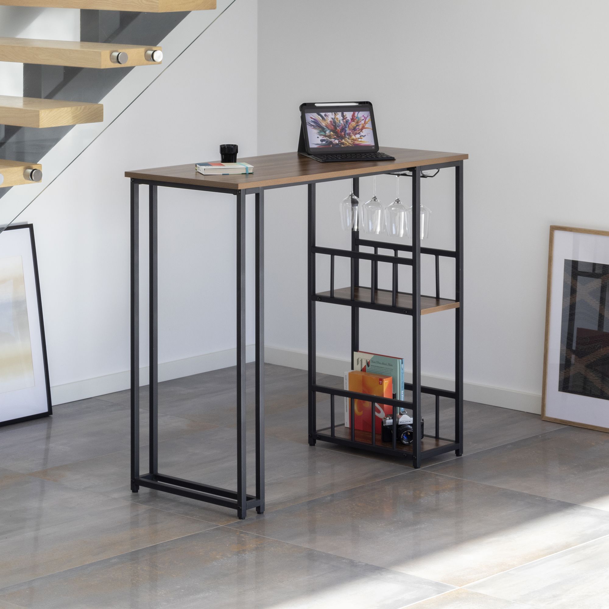 i-flair Stehtisch Bartisch Gavin – Stehtisch mit Stahlrahmen und 2 Ablageflächen & Glashalter Walnuß