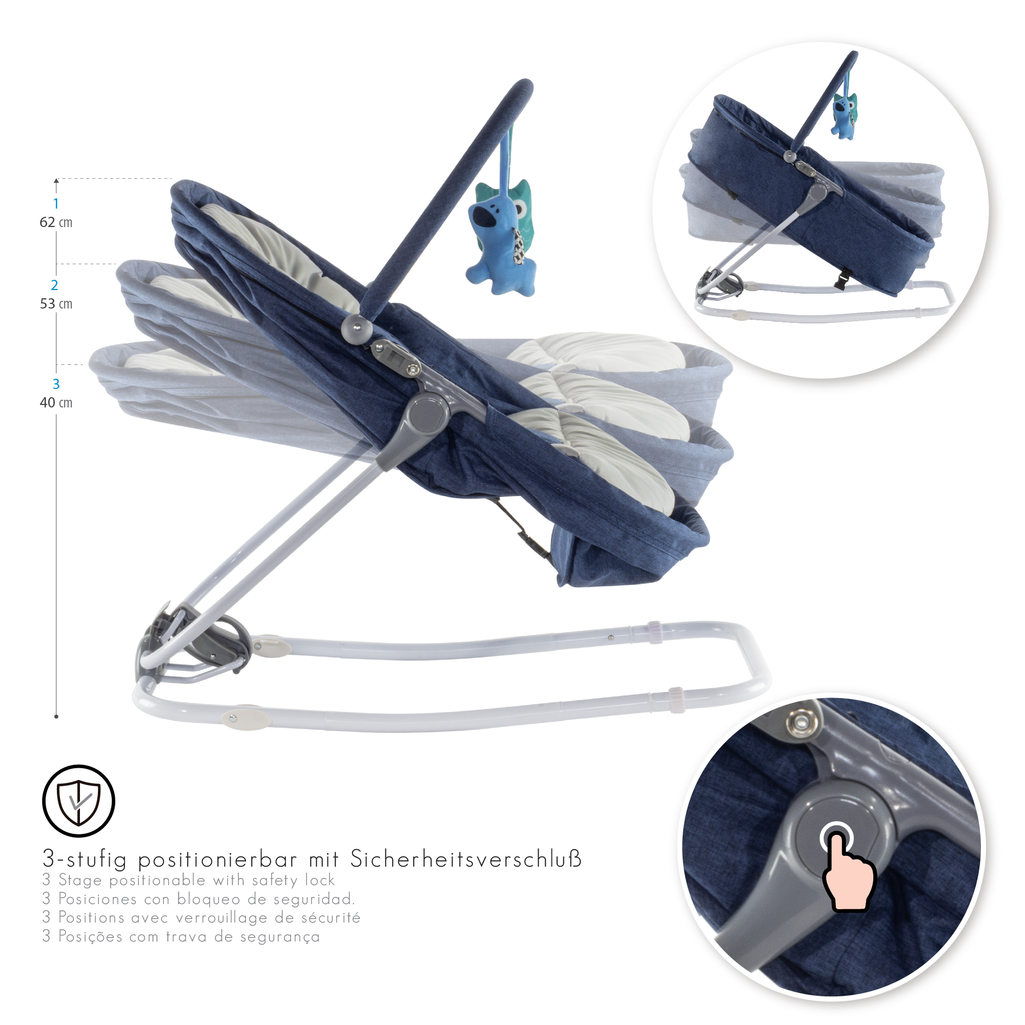 Babywippe PAVO mit Wiegenfunktion und Spielebogen Blau + Grau