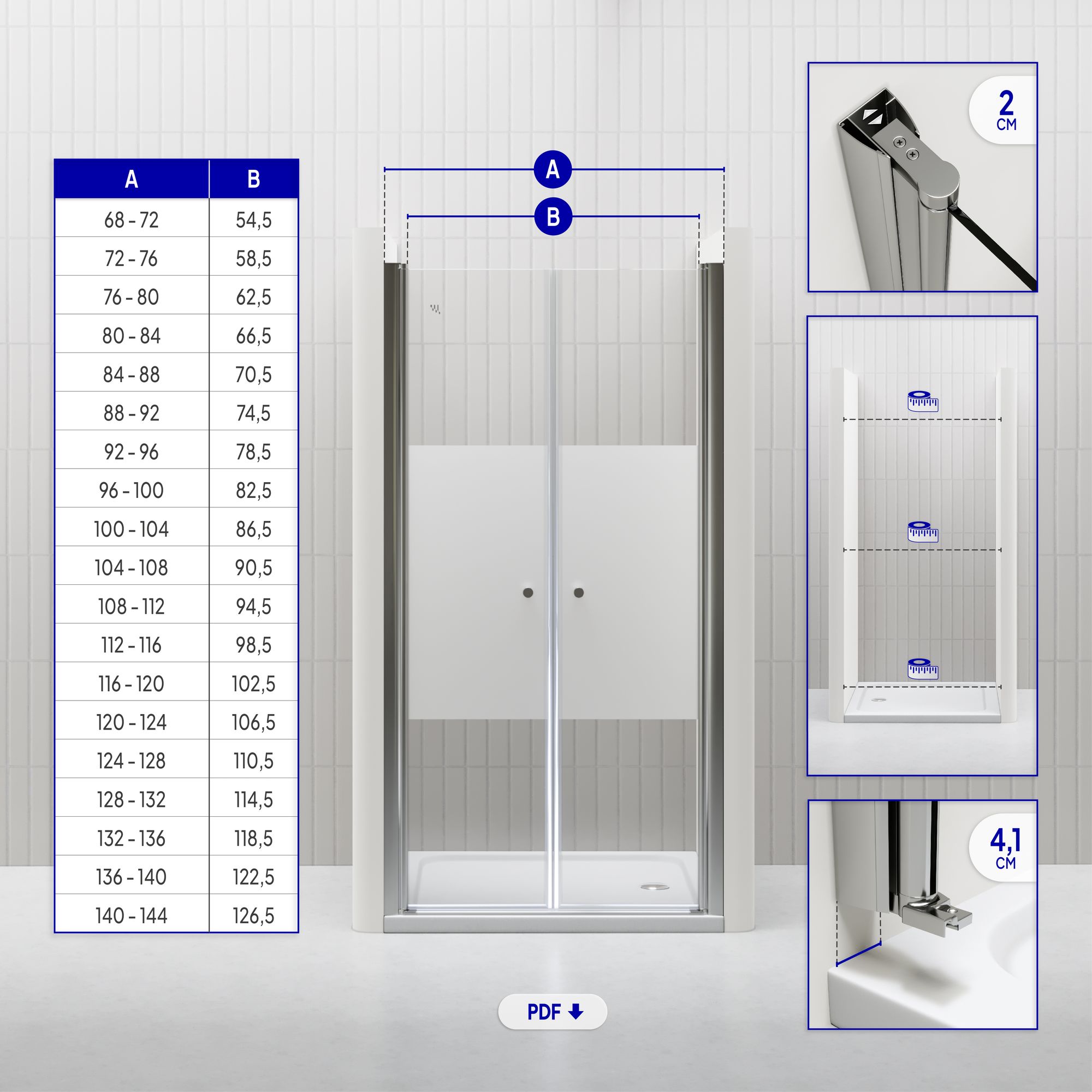 Duschtür Lima mit Pendeltüren 68-140 cm aus teilsatiniertem ESG Sicherheitsglas Duschtür Lima mit Pendeltüren 68-140 cm aus teilsatiniertem ESG Sicherheitsglas