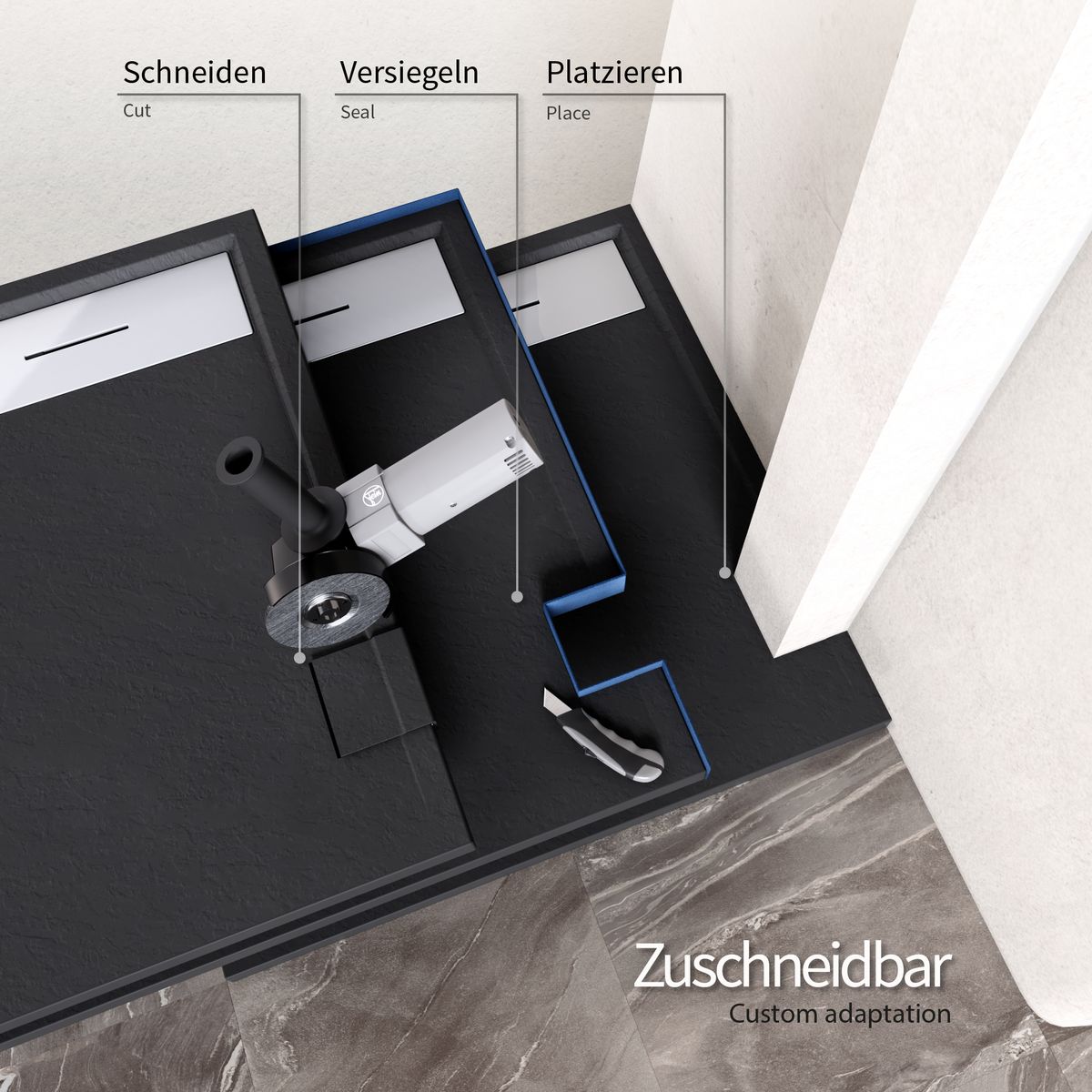 SMC Duschwanne Hiemal in Schieferoptik inkl. Ablaufgarnitur Schwarz mit Edelstahldeckel 90x90 cm