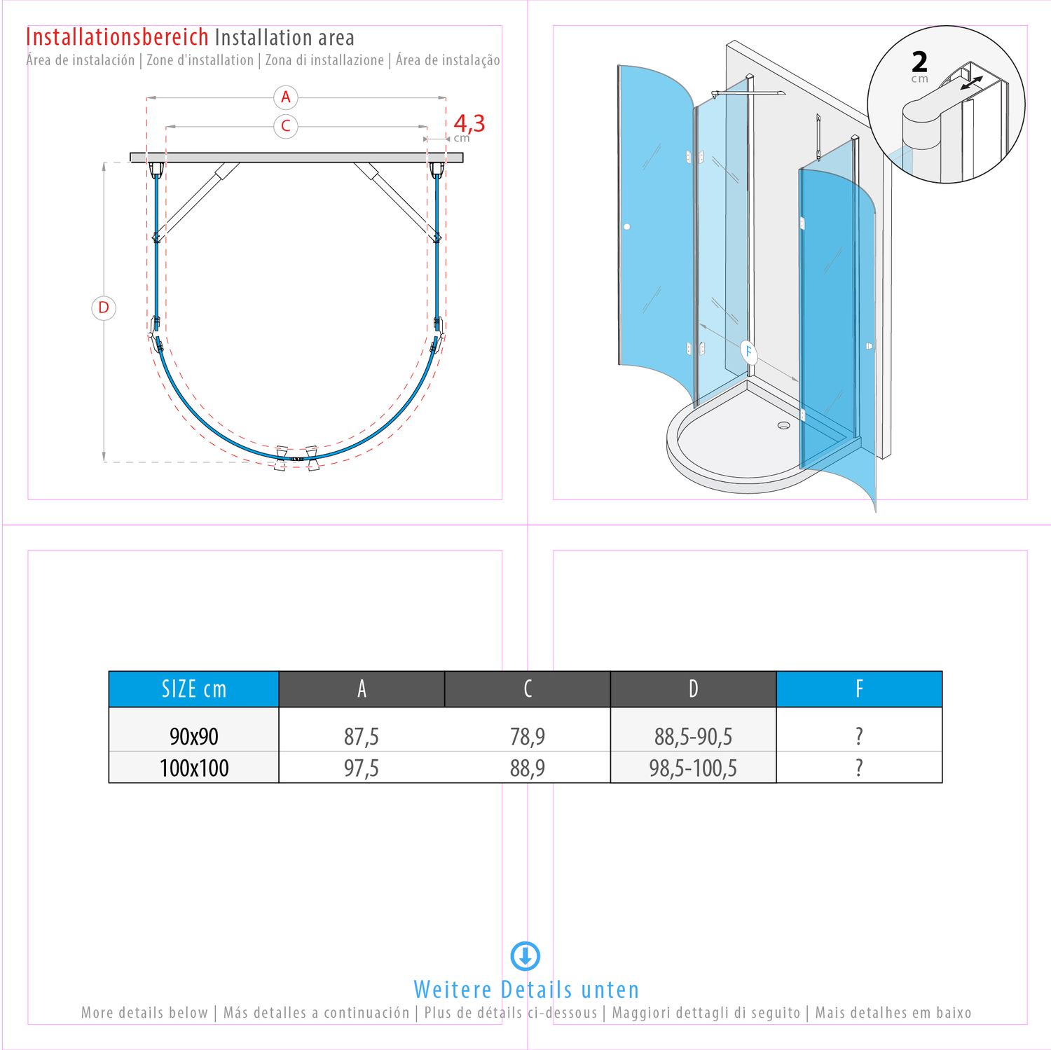Halbkreisdusche Andrea mit Klapptüren aus ESG Sicherheitsglas