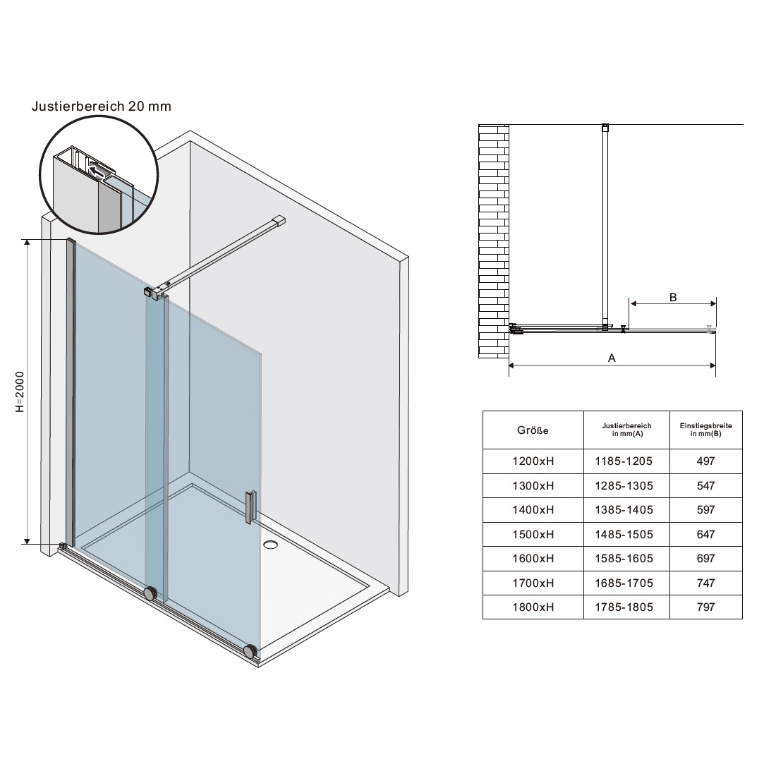 Walk In Duschwand mit Schiebetür NADINE in Black Duschabtrennung aus 8mm ESG Nano - Links und Rechts montierbar 180x200 cm