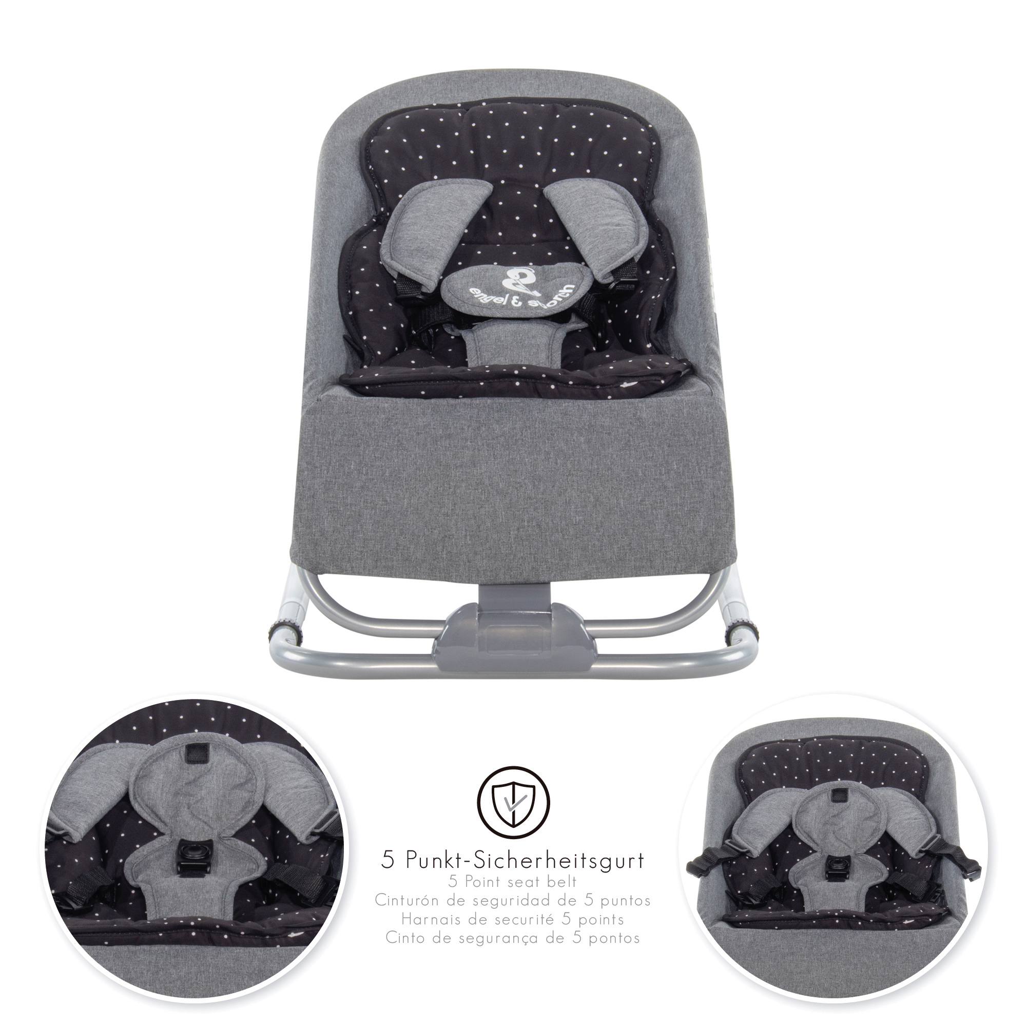 Babywippe VIENO mit abnehmbarem Bezug und Spielebogen Grau + Schwarz weiße Punkte